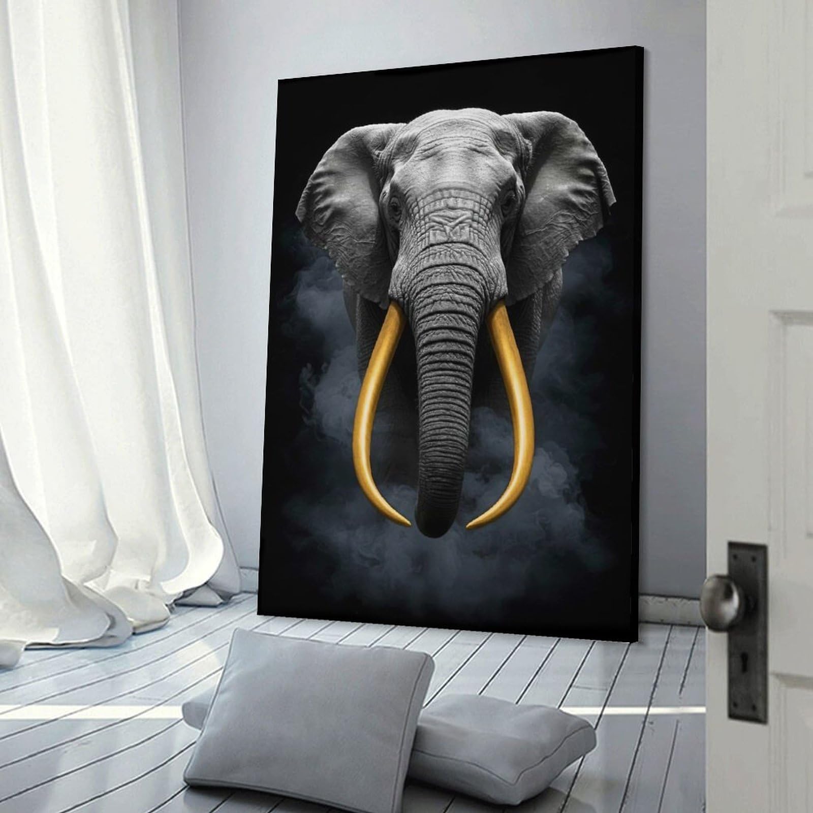 Junmoney Elephant with Golden Tusks on Black Decorative Canvas Print, 24x36inch(60x90cm), for Gallery Wall Decor And Room Displays, Wall Decor Suited to Curated Displays