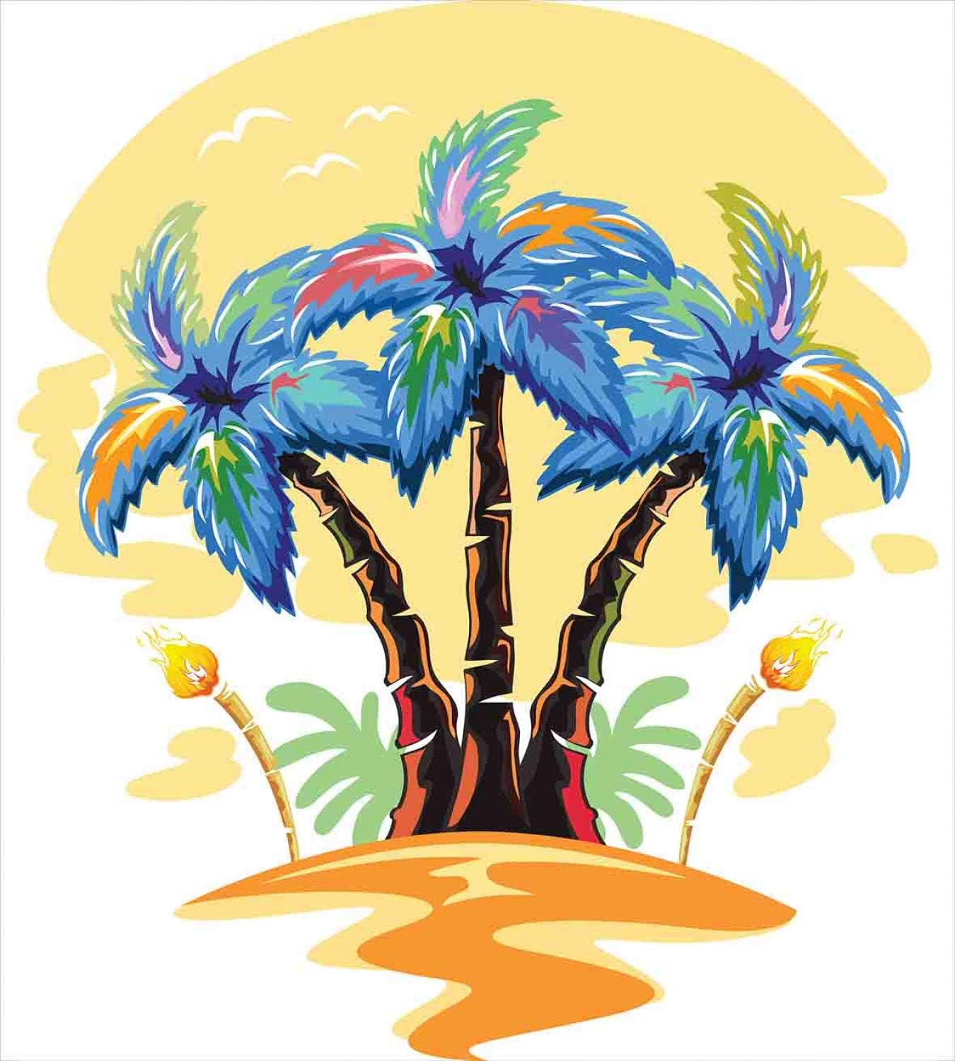 Ambesonne Palm Tree Duvet Cover Set, Colorful Cartoon Tropical Island with Hawaiian Palm Trees Torch Seagulls Sunset, Decorative 3 Piece Bedding Set with 2 Pillow Shams, King Size, Blue Orange