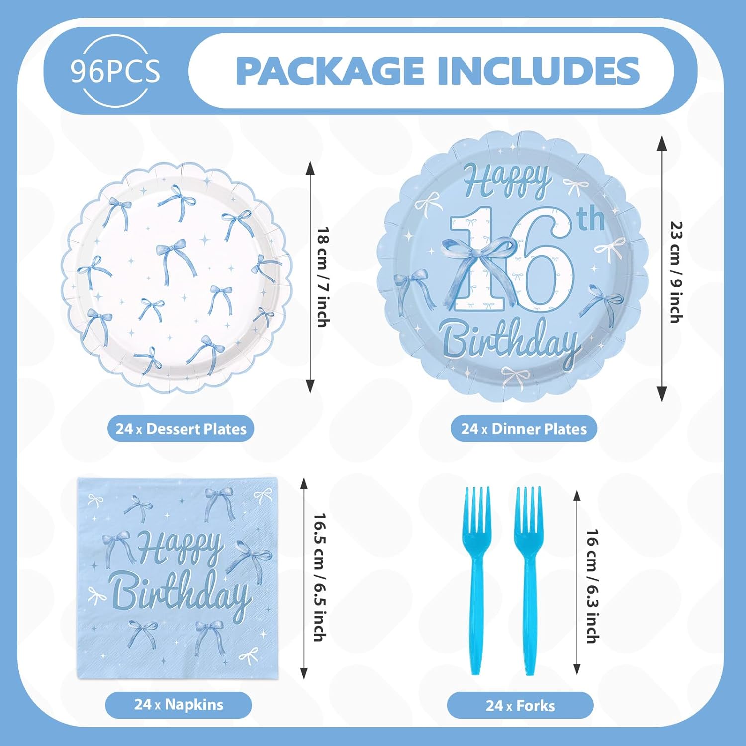 96Pcs Blue Bow 16th Birthday Party Supplies Blue White Birthday Scalloped Plates and Napkins Bow Themed Tableware Set for 16 Years Old Girls Bachelorette Party Decorations Serves 24