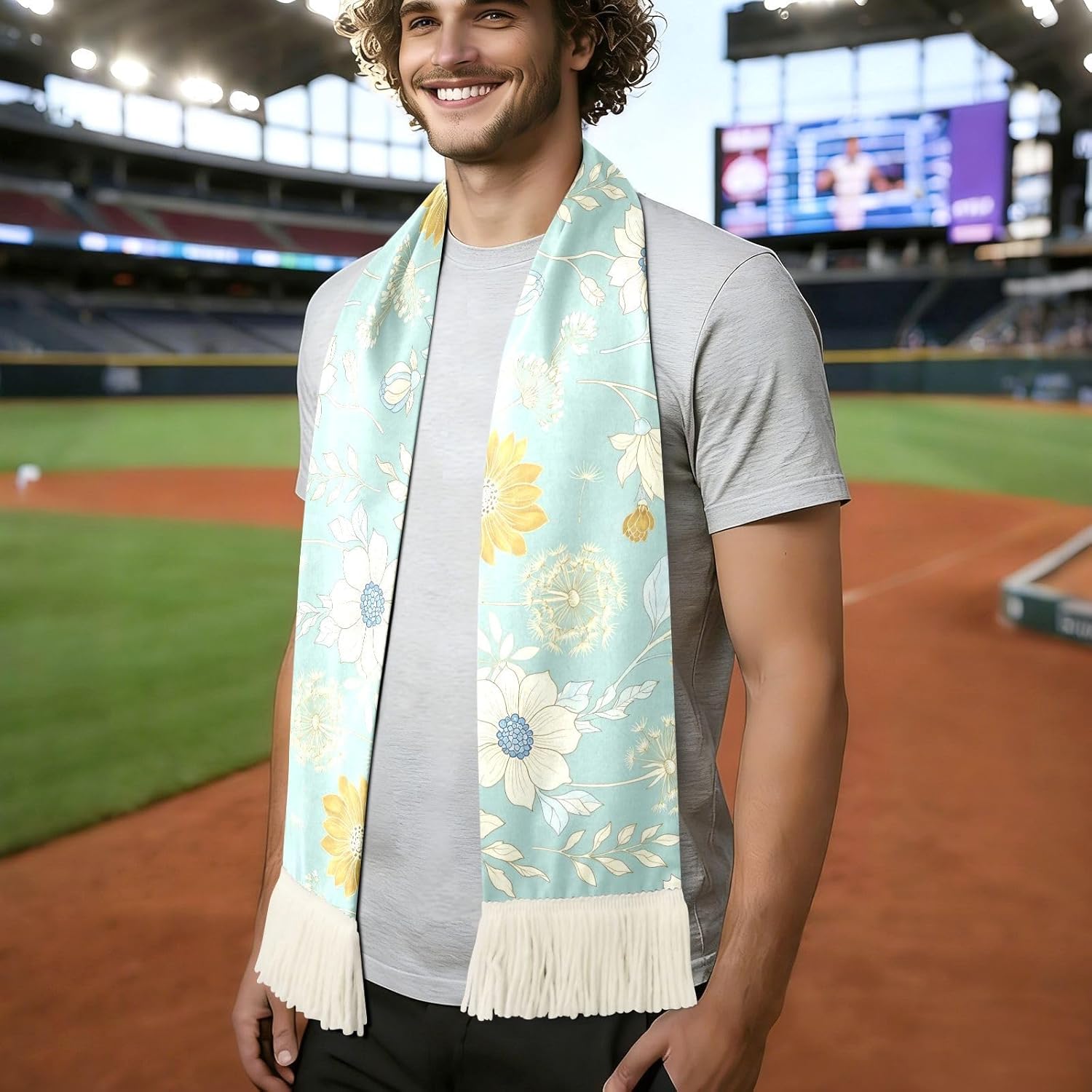 CHIFIGNO Flowers Dandelion Blue Aqua Sports Fan Scarf Sweat Towel, Quick Dry Polyester Soccer Scarf for Cheering, Soft Rally Towel with Fringe Ends