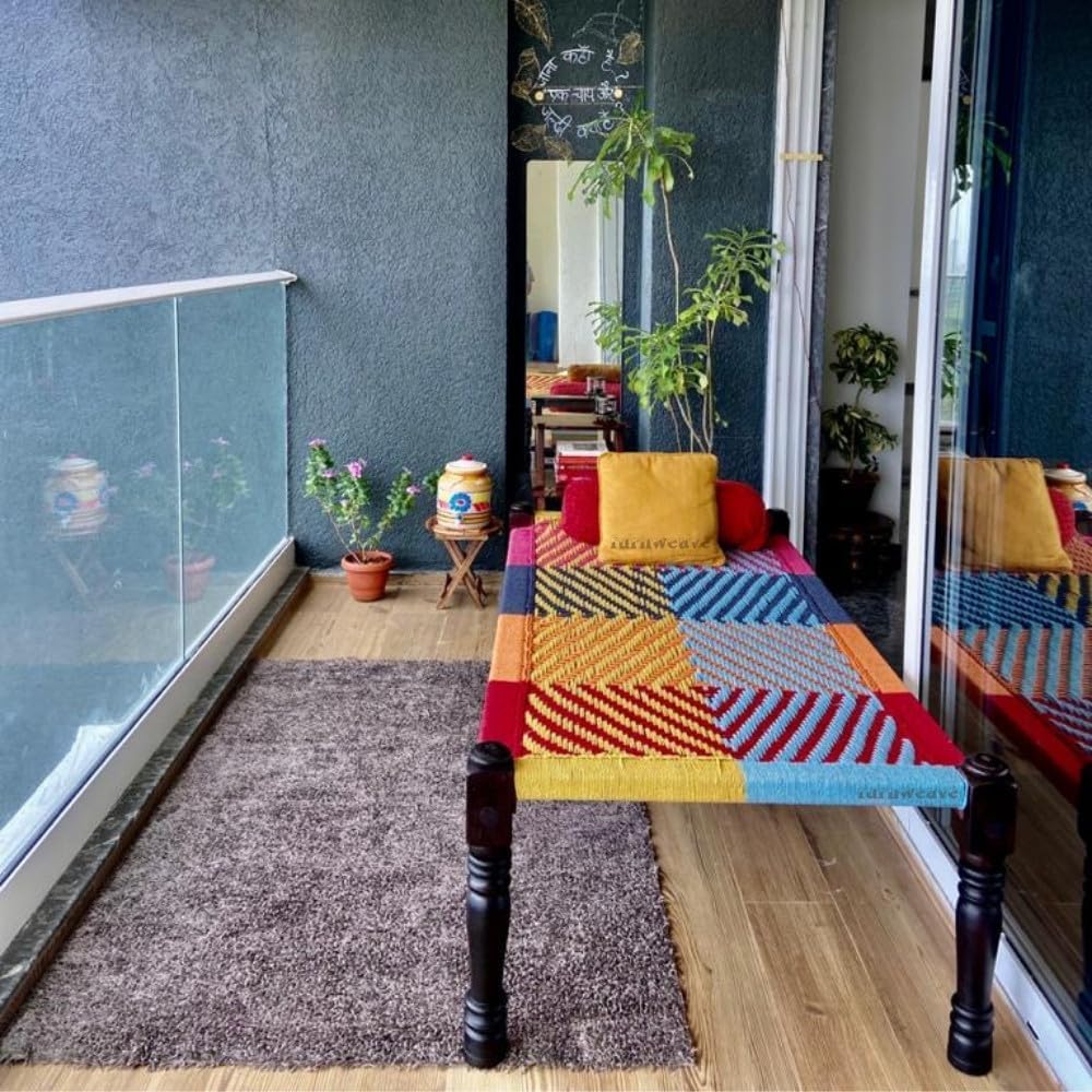 Solid Sheesham Wood Handmade Rajasthani Charpai | Cotton Rope Khatiya Charpai Single Bed Without Storage | Wooden Cot Bed | Khatiya-Khaat | Size - 6X3 Feet | Colorful (Striped-Multi)