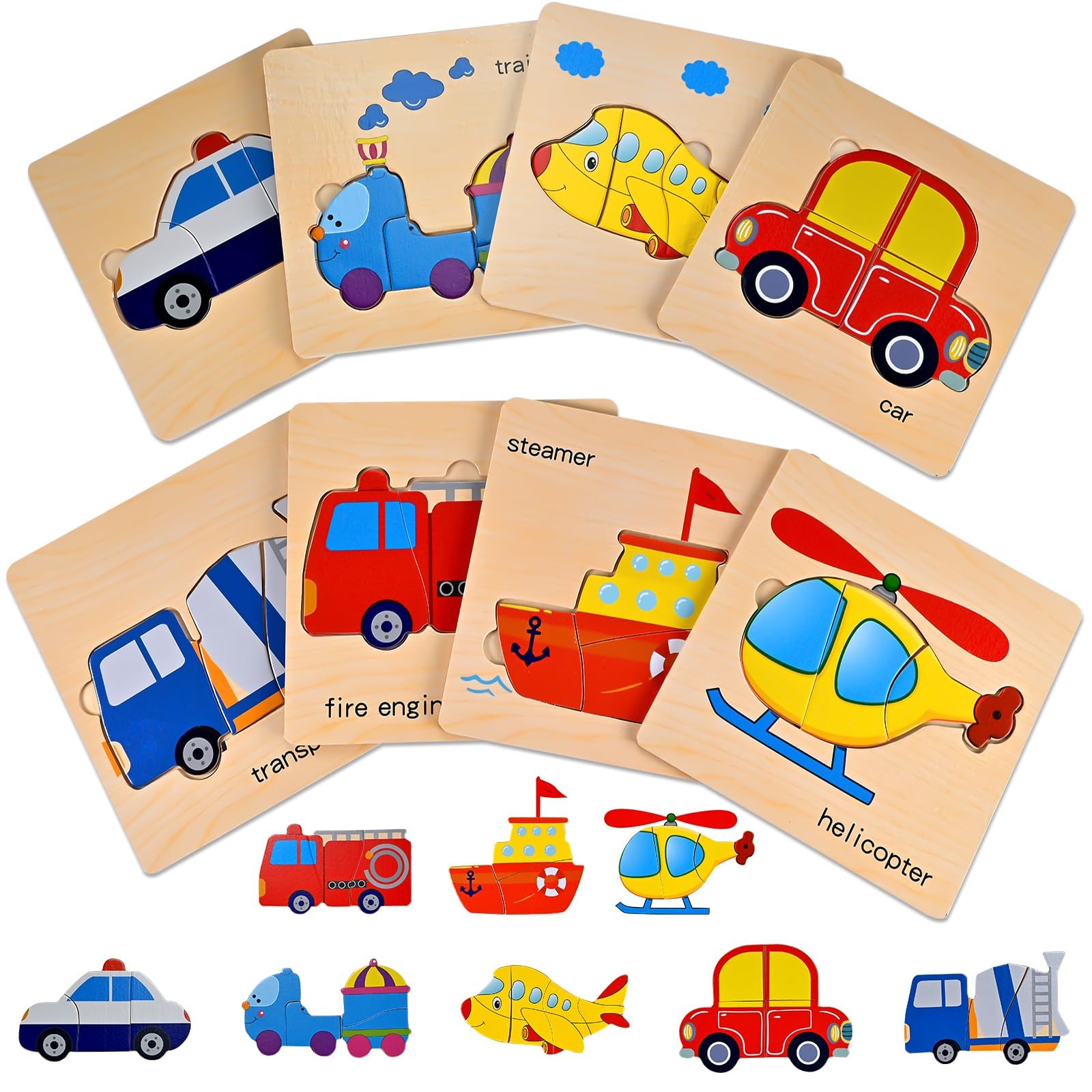 8 Piezas Puzzle de Madera Vehículos para Niños 1 2 3 Años, Montessori Juguetes Educativos Bebé, Rompecabezas Madera Infantil, Puzzle Madera Niños 2 Años Regalo para Bebés,Juegos Didácticos Preescolar