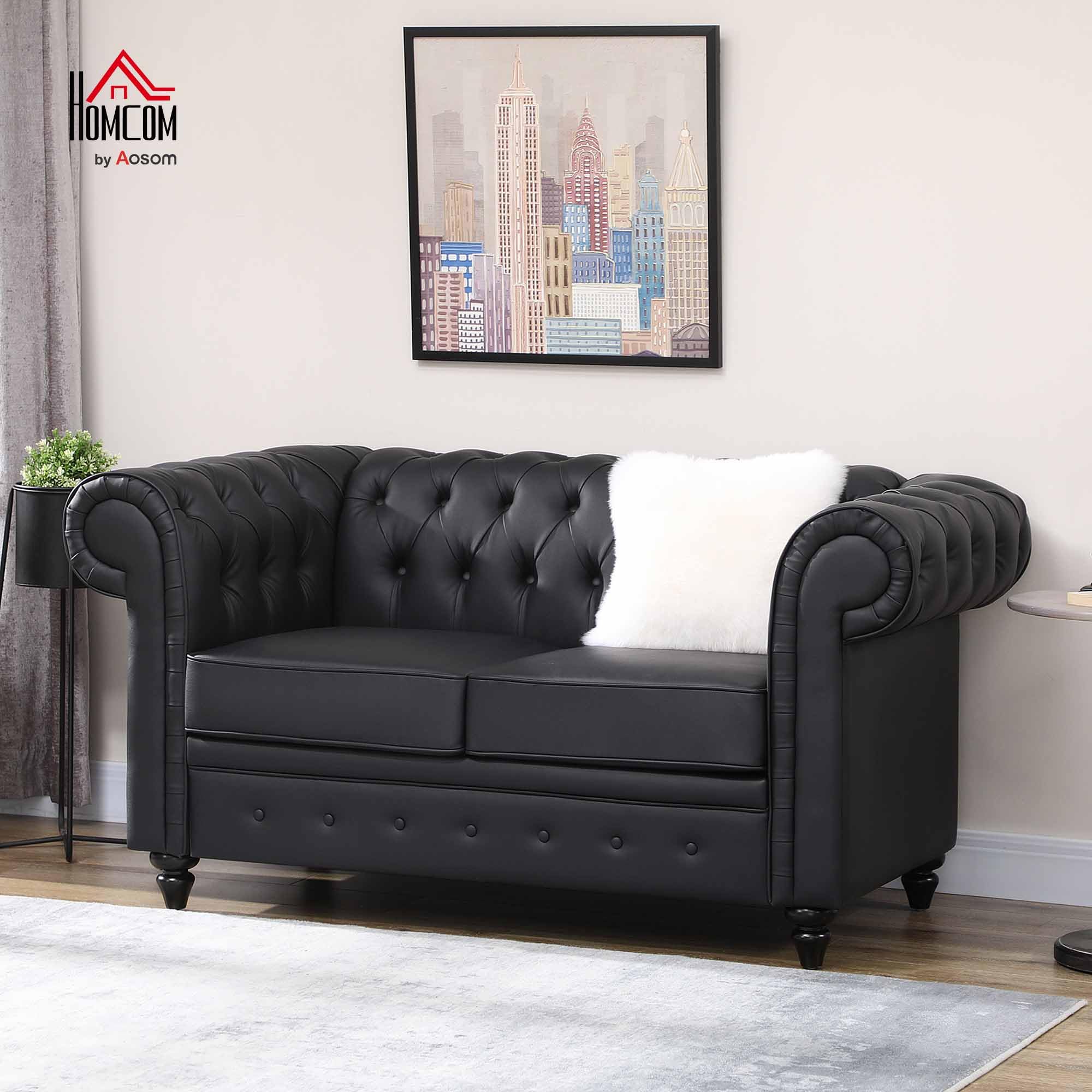 HOMCOM Divano 2 Posti Stile Chesterfield in Finta Pelle, Divanetto da Salotto Trapuntato con Braccioli e Imbottitura Spessa, Sofà con Gambe in Legno di Gomma per Soggiorno e Ufficio, Nero