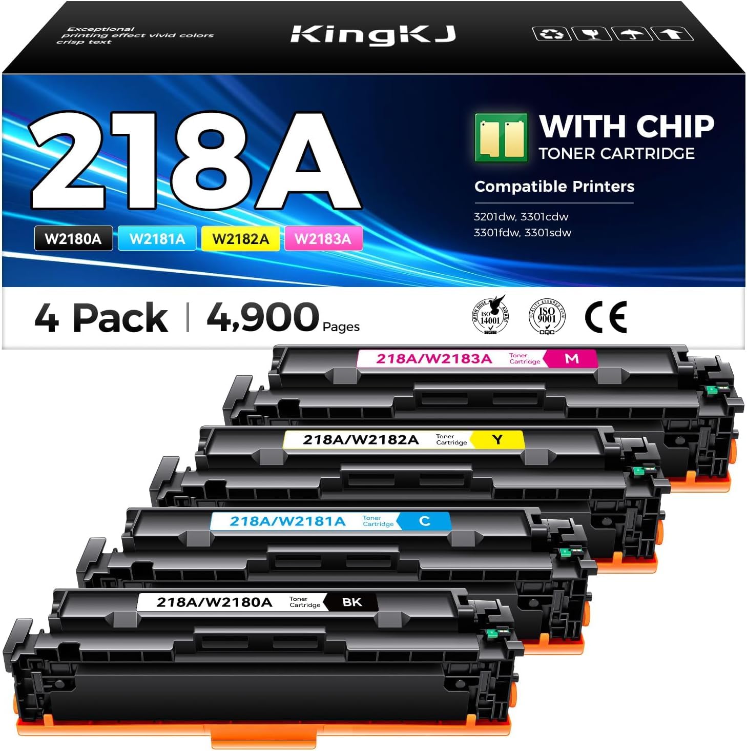 Photo 1 of 218A Toner Cartridges Set with chip 4-Pack 3301fdw Replacement for HP 218A W2180A W2181A W2182A W2183A 218X W2180X Black Compatible with HP Color LaserJet Pro MFP 3301cdw 3301sdw 3201dw Printers Ink