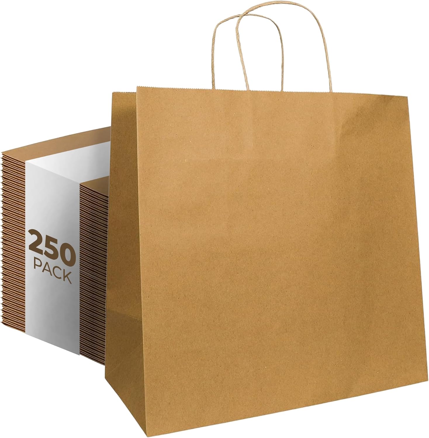 PTP BAGS Natural Kraft Paper Bags with Handles, 13x7x13 in (Pack of 250)