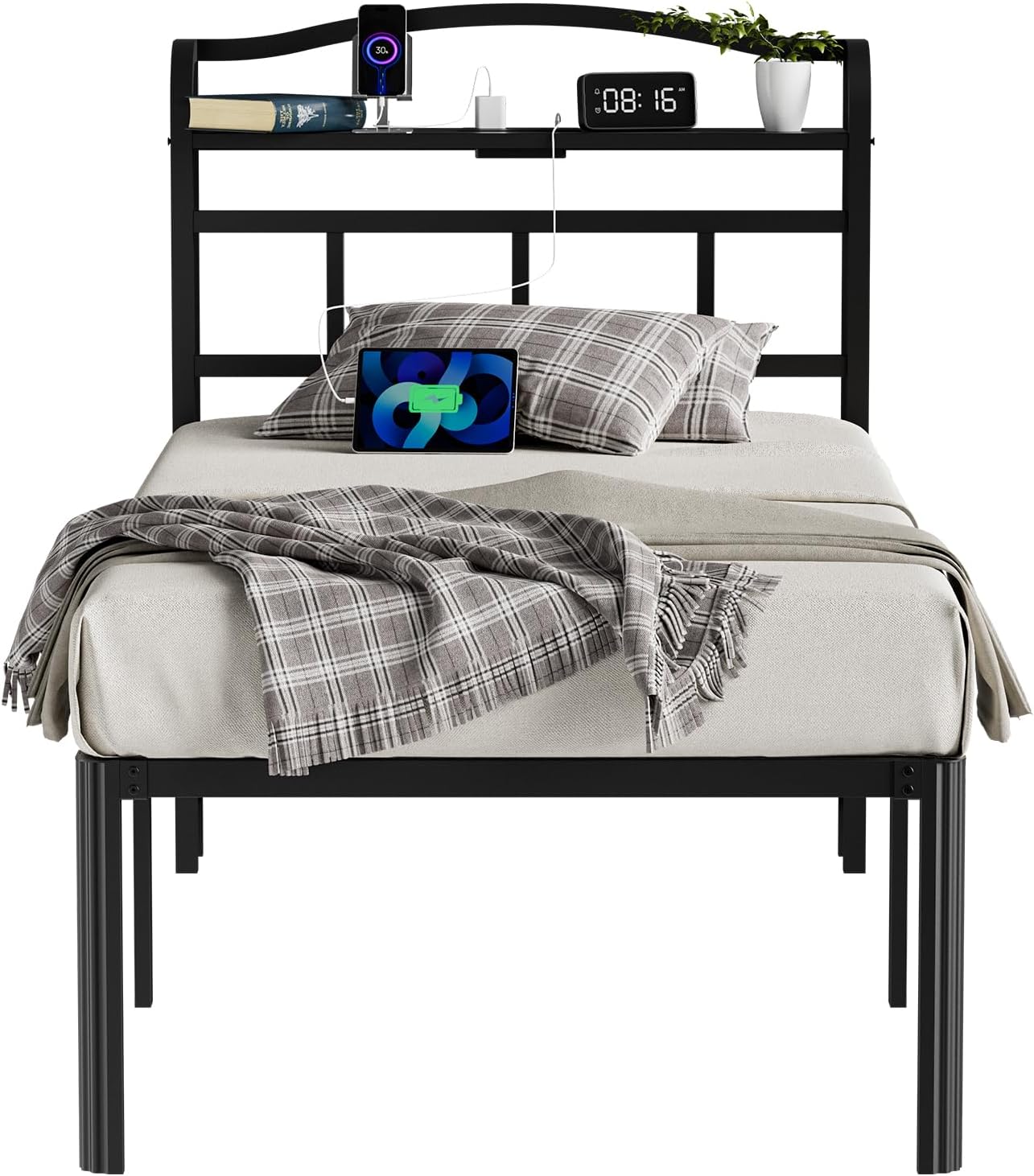 Twin Bed Frame - Heavy Duty Metal Bedframe with Storage Headboard Charging Station, Easy Assembly, No Box Spring Needed, 18 Inch, Black