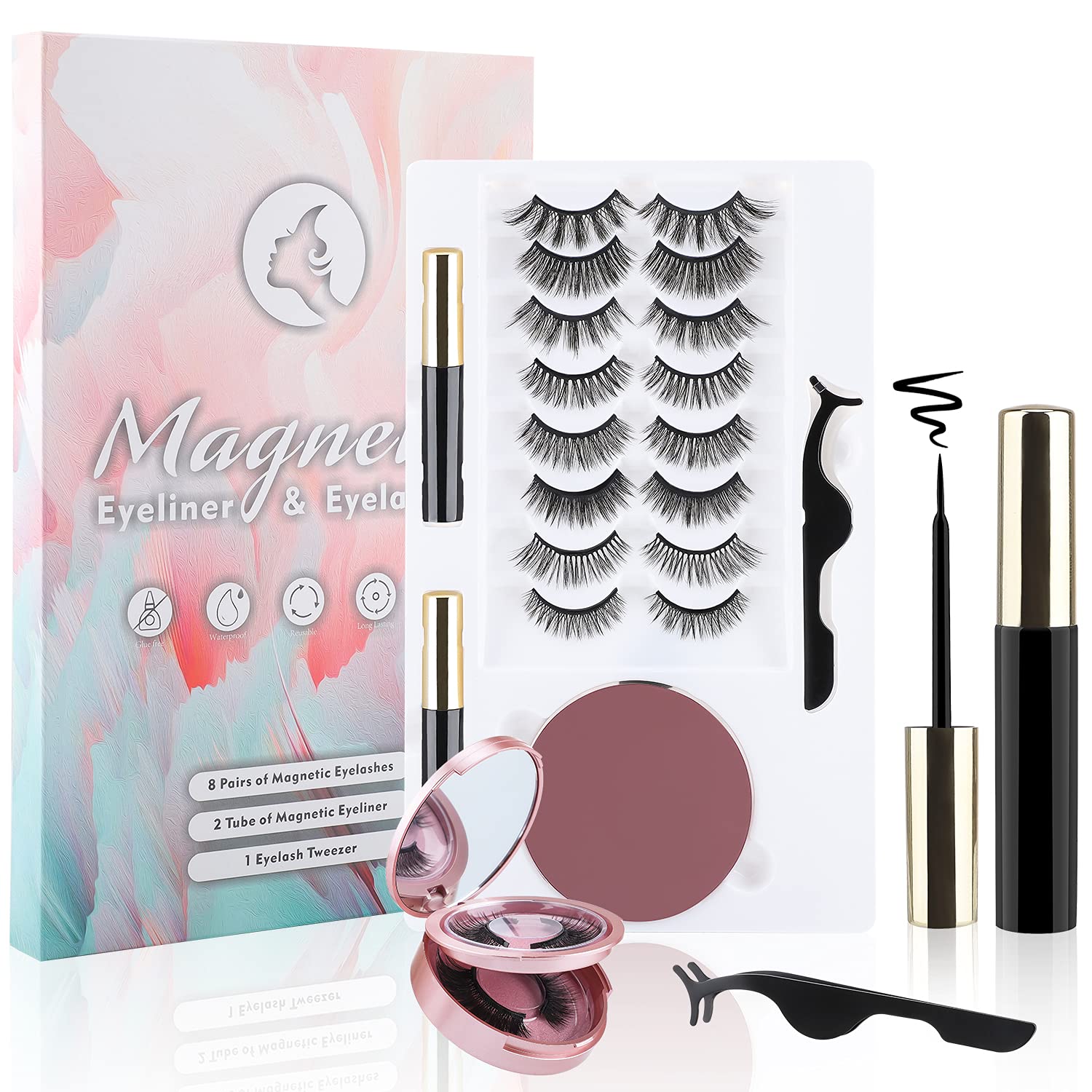 Magnetic Eyeliner and Lashes Kit, 10 pairs 3D 6D Magnetic Eyelashes Set-2 Tubes Magnetic Eyeliner-Reusable Natural Look False Lashes-No Glue Need[10 Pairs & vanity mirror]