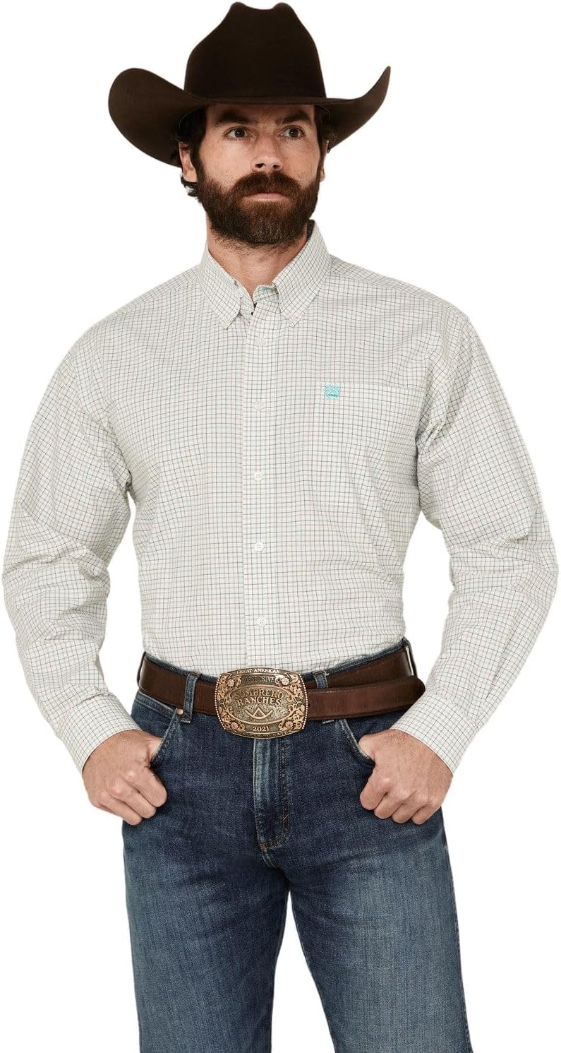Cinch Men's Checkered Print Long Sleeve Button-Down Western Shirt Cream Medium