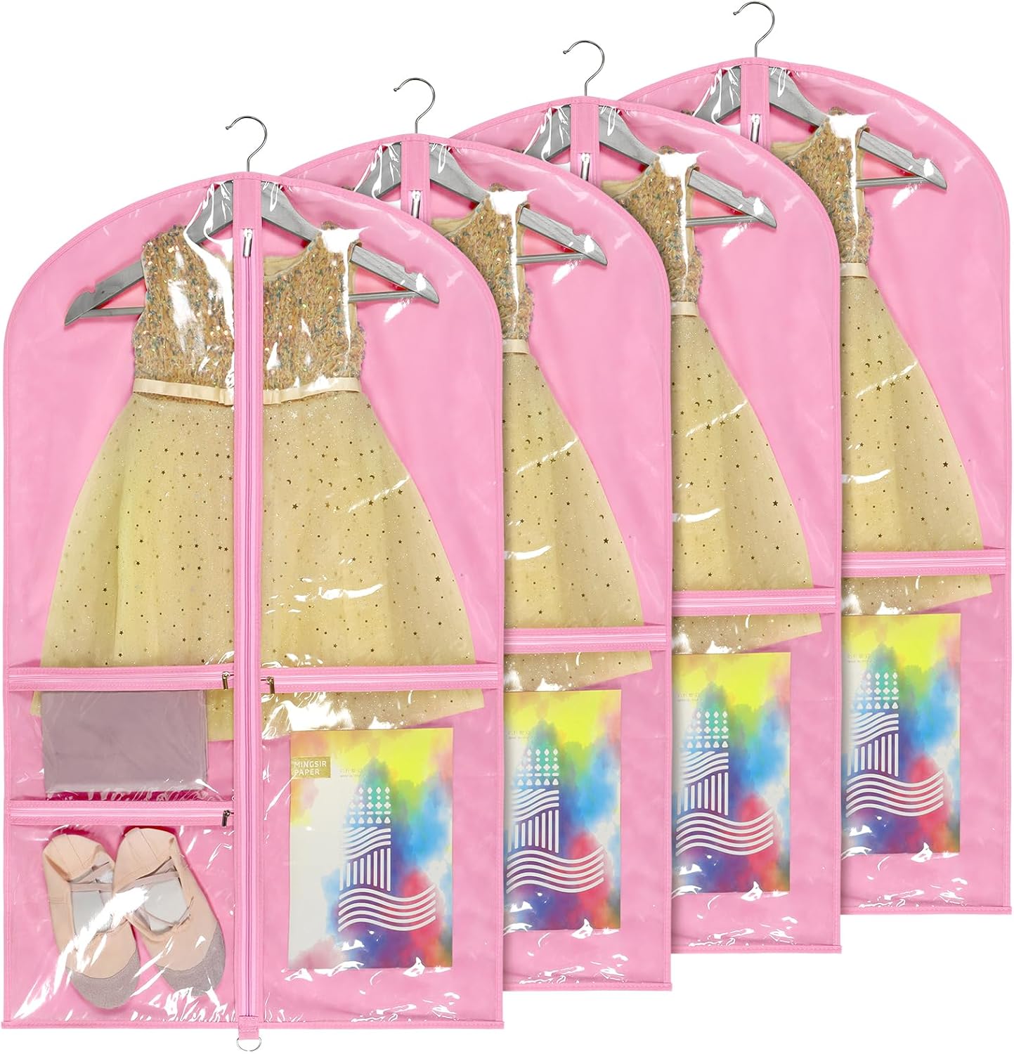 Univivi Dance Costume Bags Garment Bag 40 Inch Hanging Clothes for Dance Competitions, with 3 Medium Clear Zipper Pockets for Dance Costumes, Closet Storage (Pink) – 4 Pack
