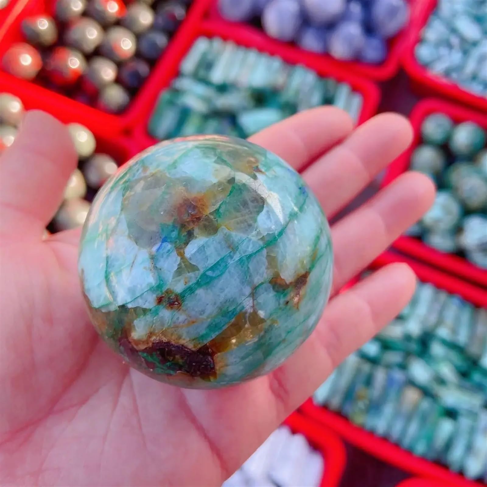 KatLin Esfera de Piedras Decorativas de Reiki Natural de Cristal de Bola de luz de Luna Verde Adornos (Size : 60-70mm)