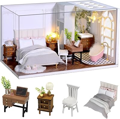 CUTEROOM DIY Doll Room Miniature Furniture - Wooden Dolls House Kit with Dust Cover & LED Light and Accessories - QT Series Dollhouse (QT011)