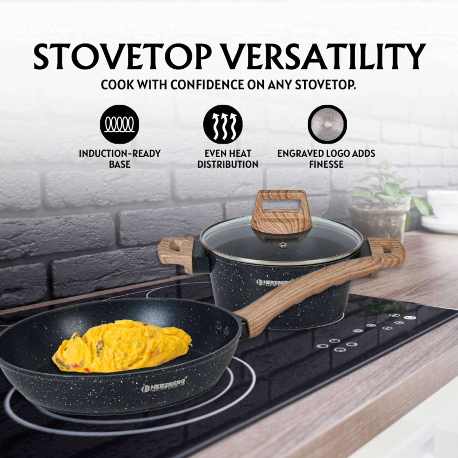 Herzberg Batterie de Cuisine 15 Pièces Aluminium Forgé HGWDMRB15, Noir | aluminium forgé, revêtement antiadhésif, couvercles en verre, ustensiles inclus, induction, lave-vaisselle