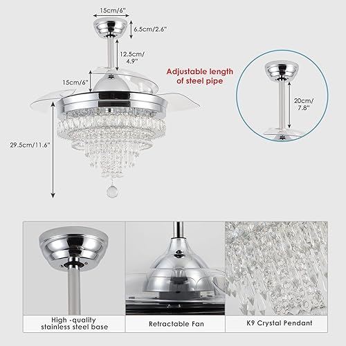 Miniatura 6 de FRIXCHUR Ventiladores de techo candelabro de 42 pulgadas, candelabros ventilador regulables, ventiladores de techo candelabro LED de cristal