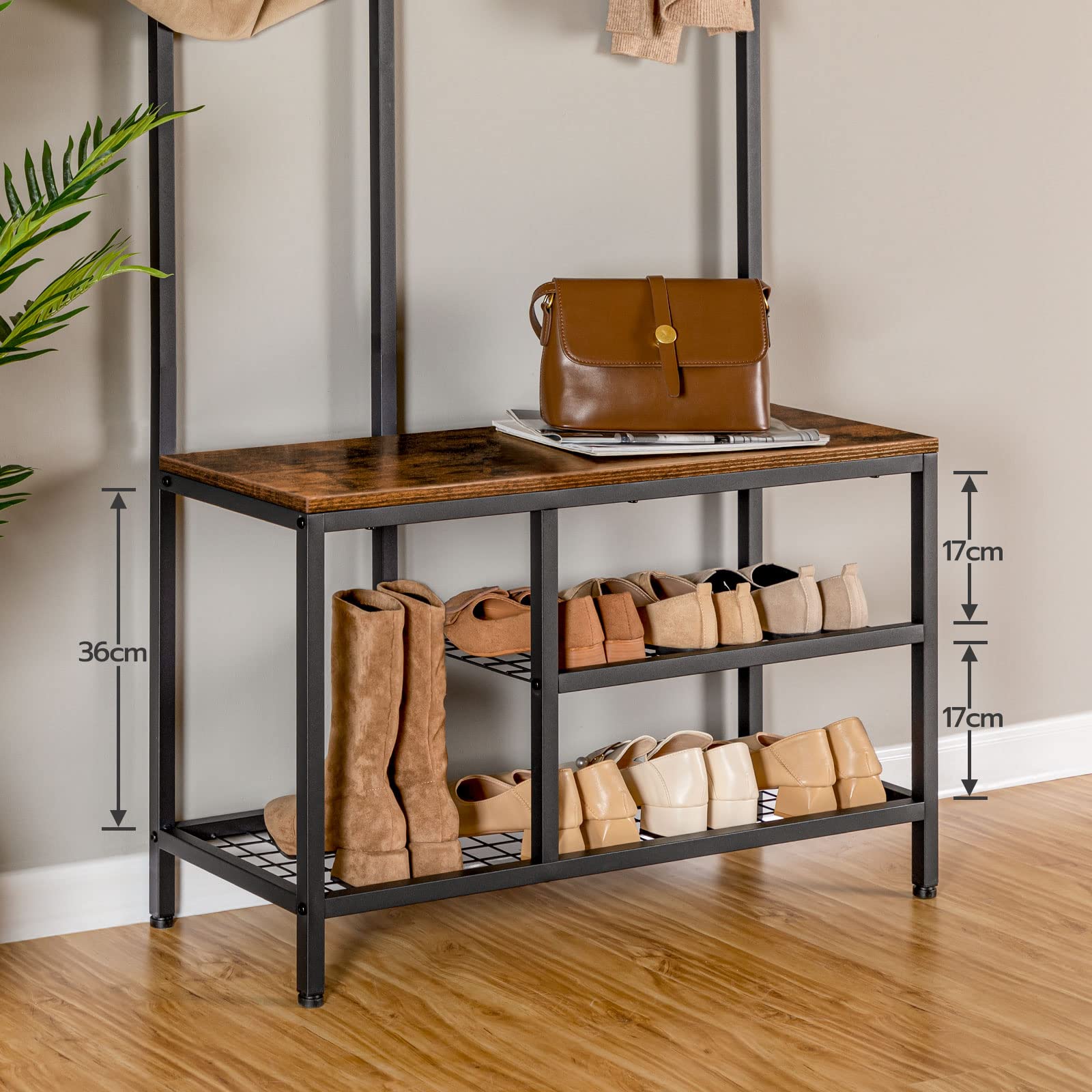 HOOBRO Perchero, Recibidor Perchero, Zapatero con 3 Capas Estantería, Árbol del Vestíbulo, 9 Ganchos Extraíbles, Industrial, Estructura Metálica, para Entrada, Sala de Estar, Dormitorio EBF24MT01