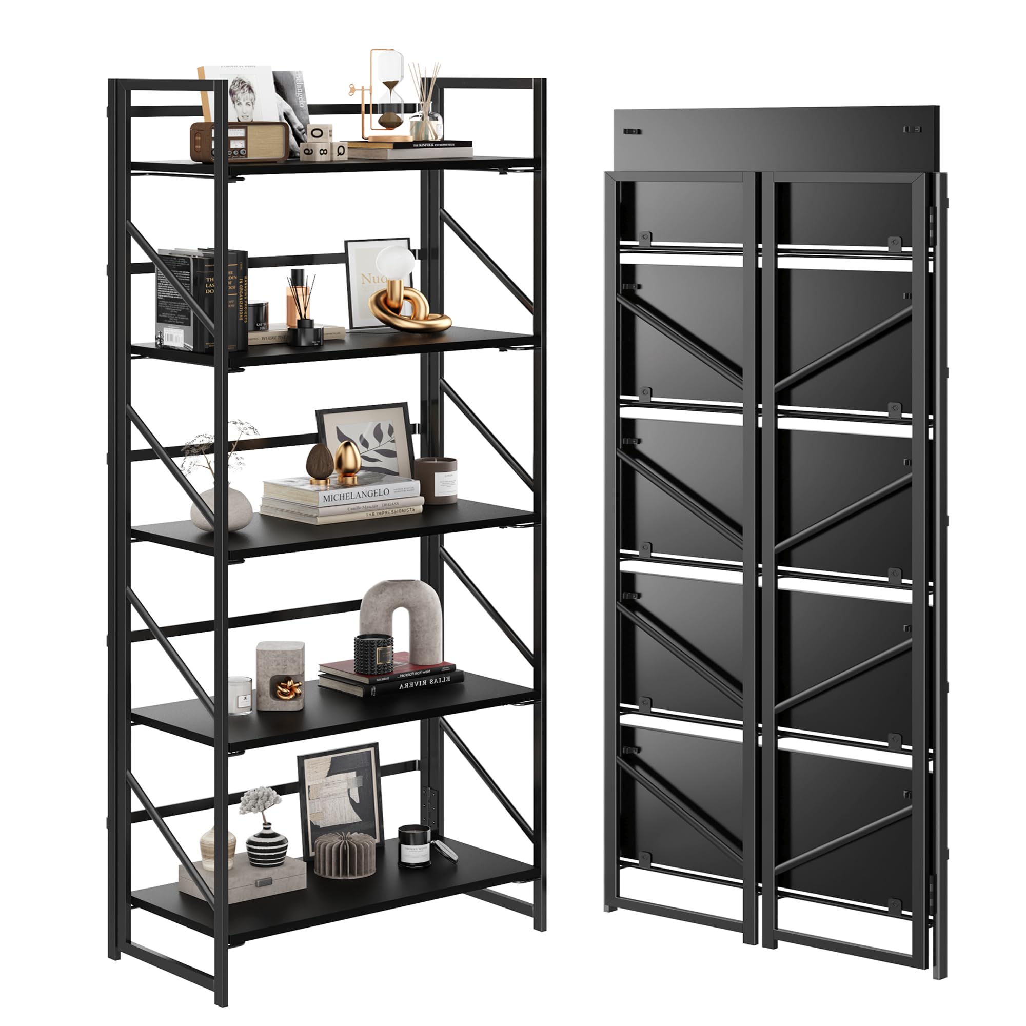 JSB No Assembly Folding Bookshelf, 5 Tier Industrial Metal Book Shelf for Storage, Vintage Wood Foldable Bookcase for Living Room, Bedroom, Office