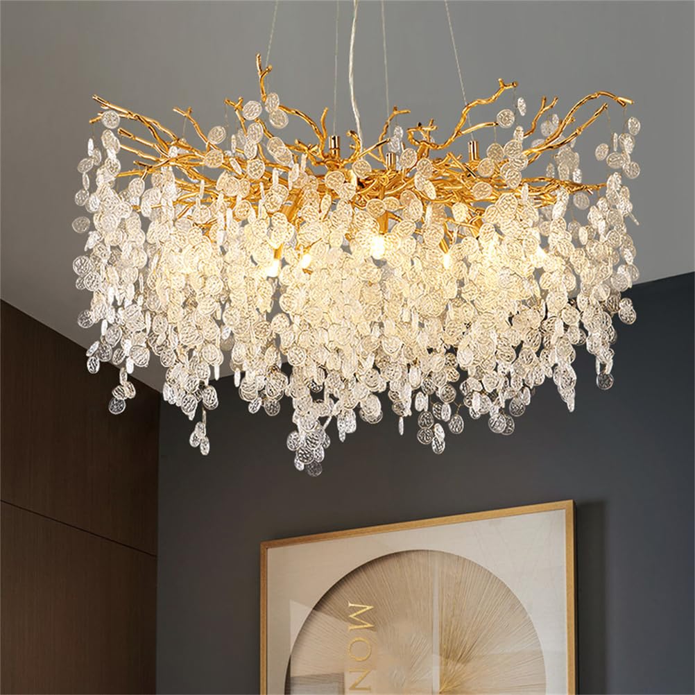 KXEcoLife Modern Crystal Chandelier Luxury Chandeliers Light Fixture Adjustable Aluminum Tree Branch for Dining Living Room, Bedroom, Bathroom, Foyer,Round D100cm