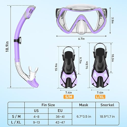 Miniatura 5 de Juego de equipo de esnórquel para adultos, juego de esnórquel con parte superior seca, máscara panorámica antivaho y aletas de natación ajustables,