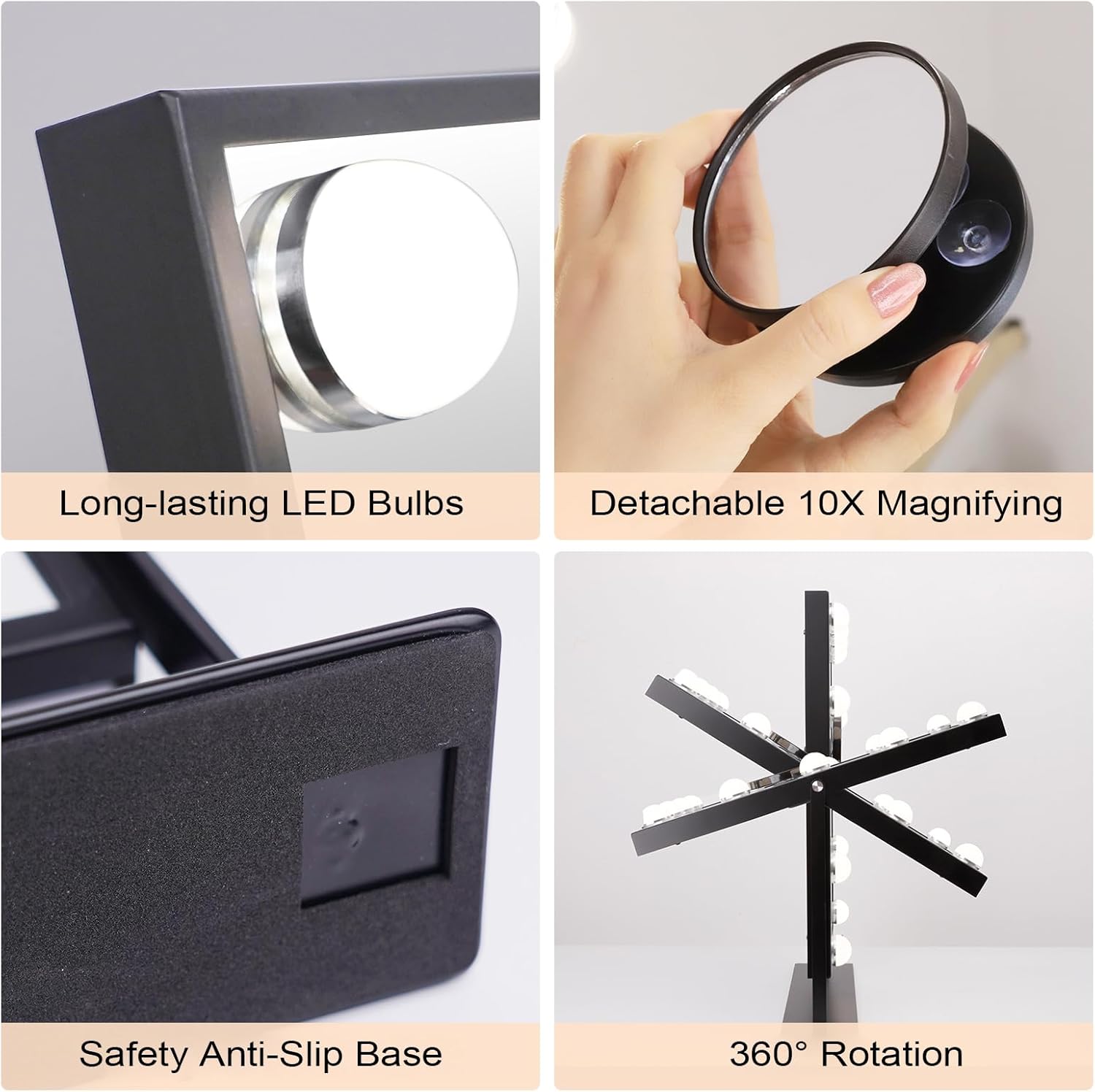 Collage of four images showing key features: long-lasting LED bulbs, detachable 10X magnifying mirror, safety anti-slip base, and 360-degree rotation mechanism.
