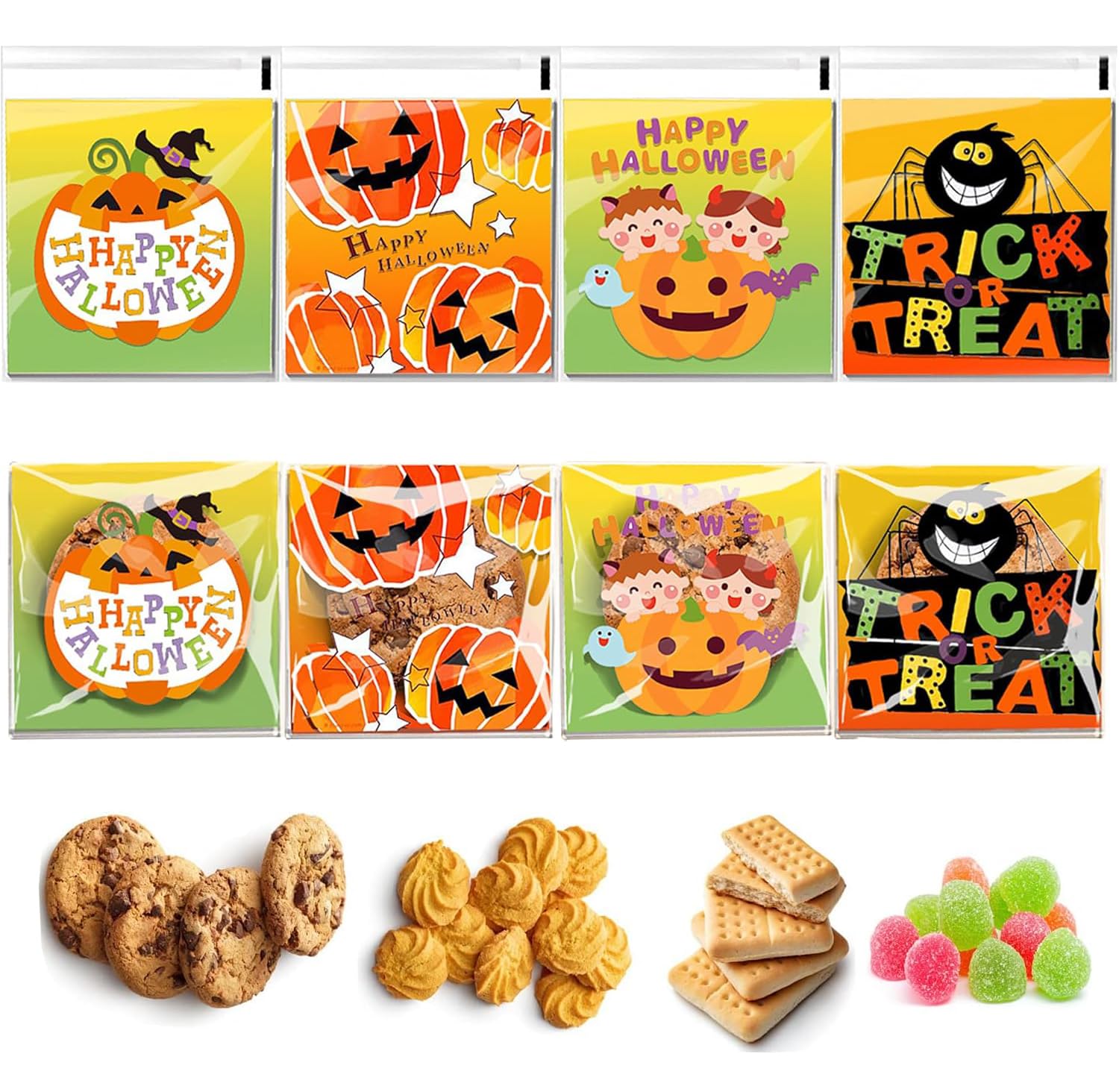 Aowin 200 PCS Halloween Candy Cellophane Bag Set,Thanksgiving Day Plastic Cookie Bag,Fall Cellophane Treat Bags,Self Adhesive Cookie Candy Bags Snack Bags for Holiday Birthday Halloween Party Favors