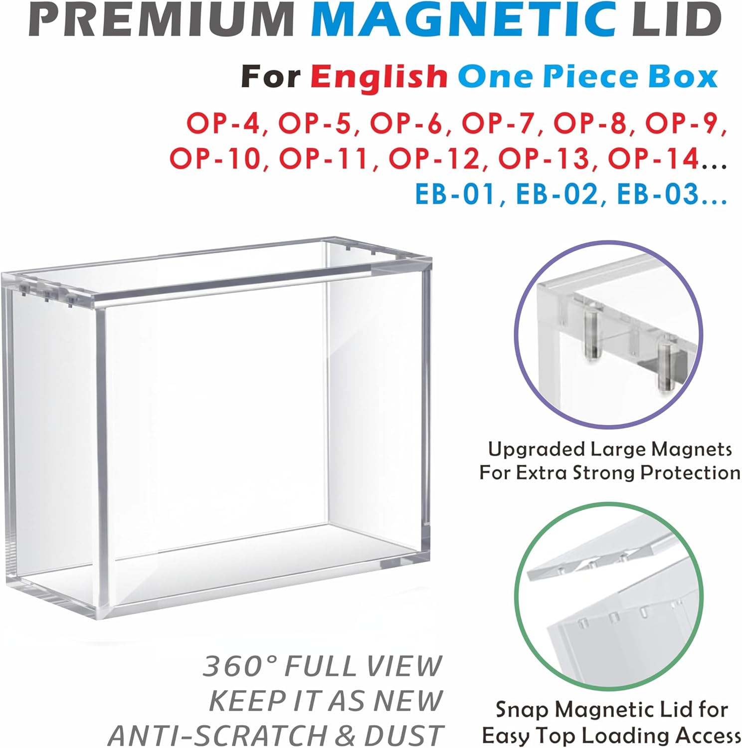Acrylic Magnetic Display Case for English One Piece(Compatible with: OP-4, OP-5, OP-6, OP-7.8.9.10.11.12.13.14; EB-01.02.03.04) with Magnetic Top, Stackable, Protector Acrylic Storage Container