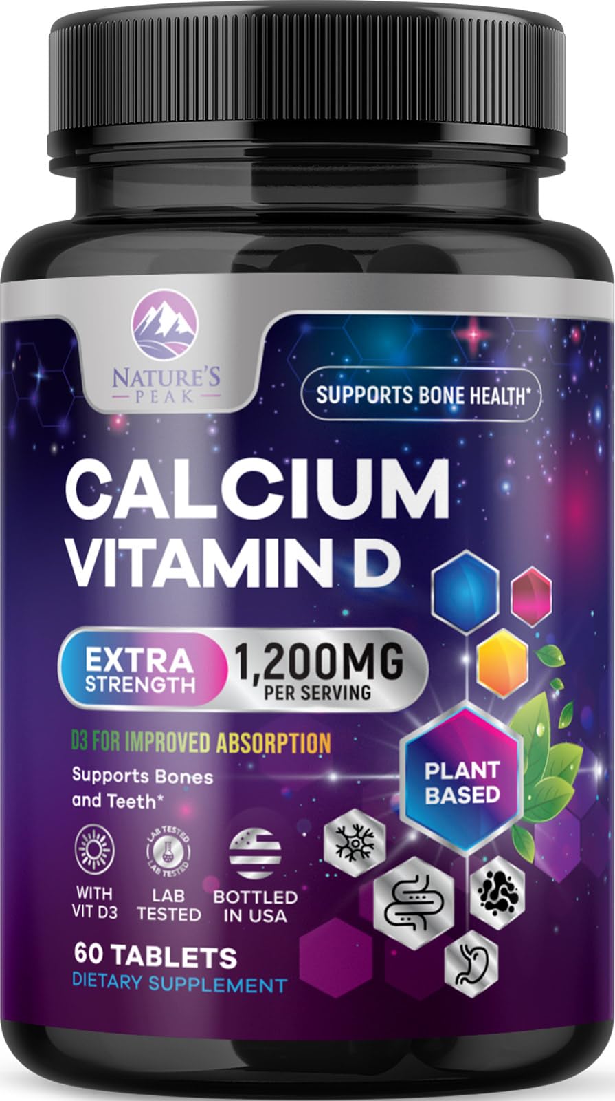 Calcium 1200 mg with Vitamin D3 - Bone Health Supplement, Vitamin D & Calcium Supplements for Women & Men - Bone Strength, Teeth & Immune Support, Nature's Calcium Pills, Bottled in USA - 60 Tablets 60 Count (Pack of 1)