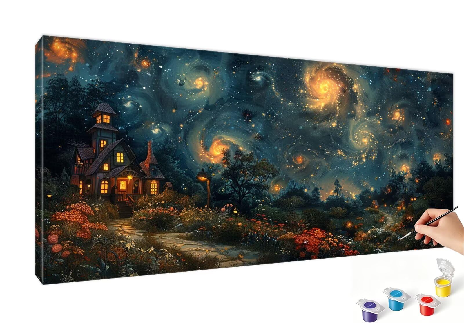 Malen Nach Zahlen XXL Sternenhimmel Malen Nach Zahlen Erwachsene Haus 60x120 cm, Ohne Rahmen, DIY Paint by Numbers Set mit Acrylfarben und Pinseln, Knitterfreie Leinwand, Wand Deko, Geschenk RB-400