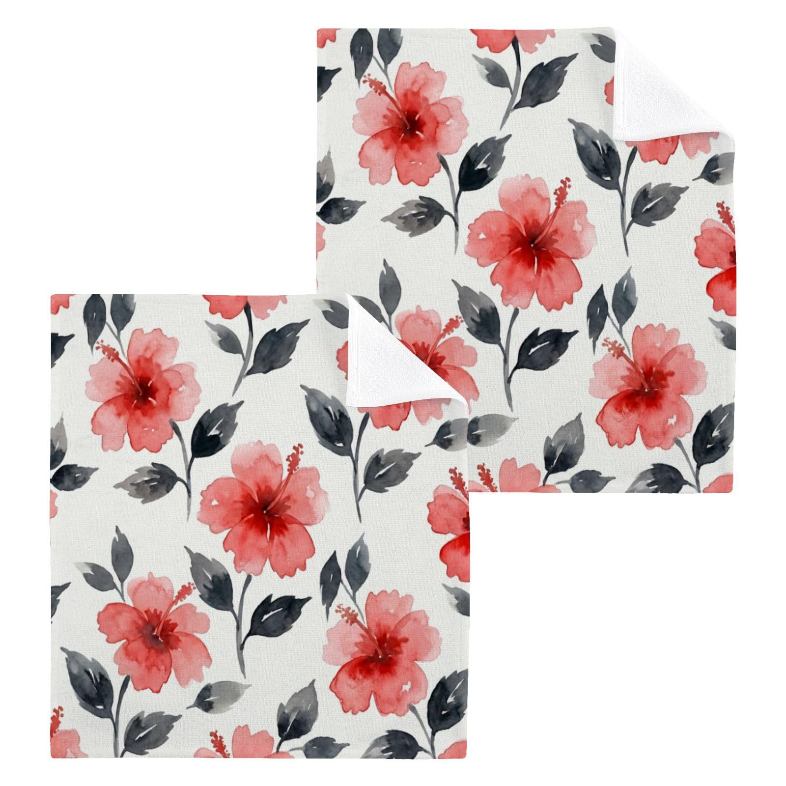 BOESI Red Hibiscus Watercolor 12x12in Cotton Washcloth,Face Towel