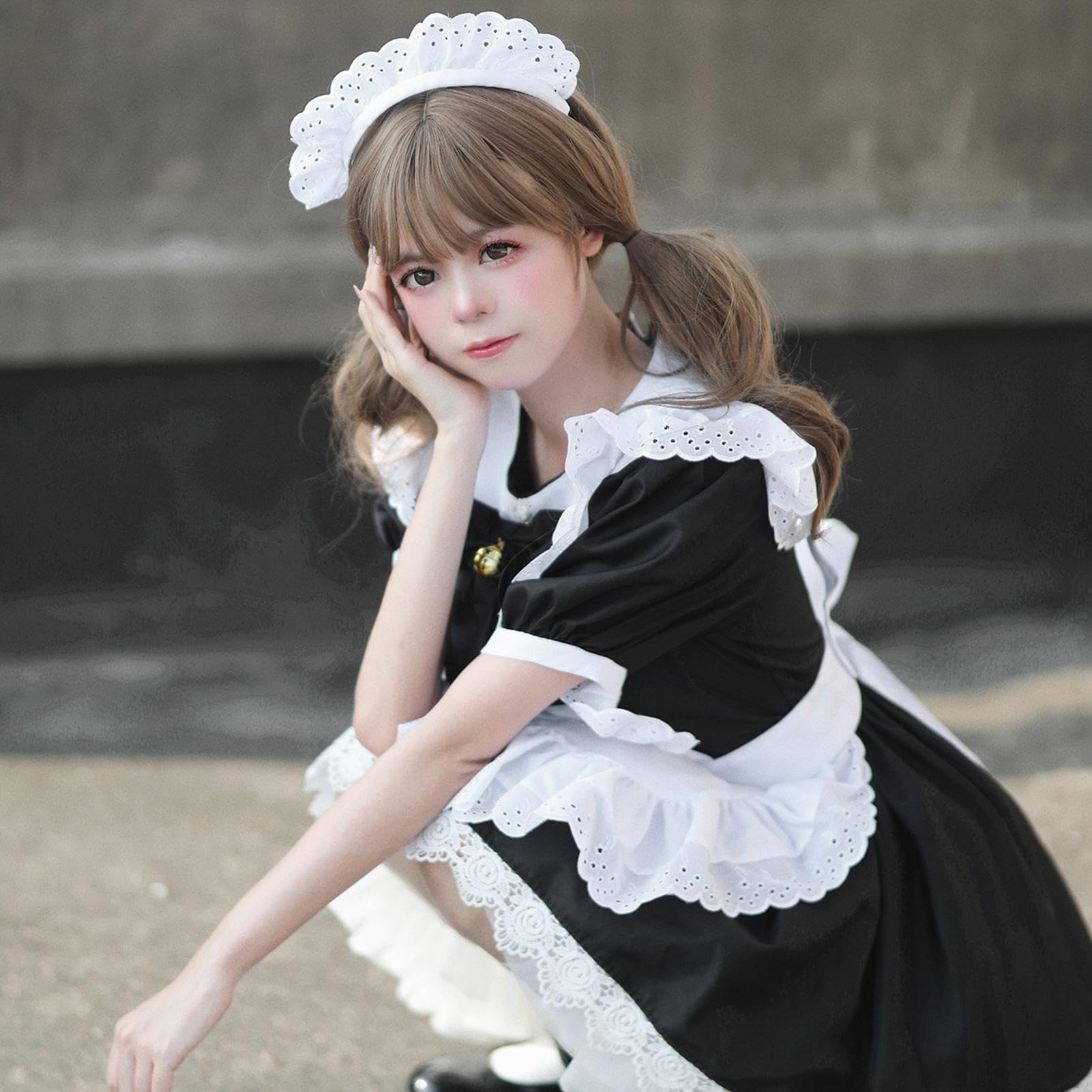 Abito cosplay per cameriera, abbigliamento fantasia da donna carino con pizzo - grembiule da cameriera costume cosplay, per ragazze donne festival feste, interni ed esterni scuola e giardino di casa