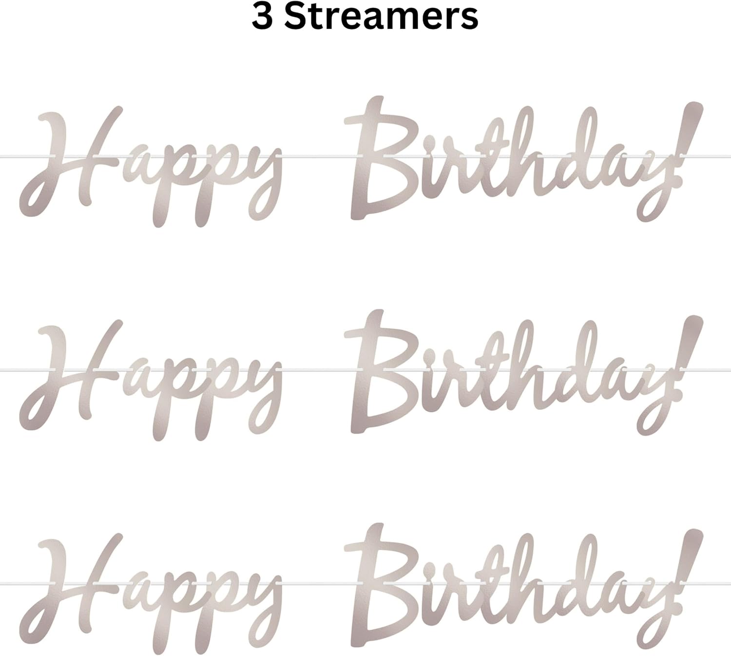Beistle Silver Foil Happy Birthday Streamers – 3 Pack, Script Letter Hanging Banner Decorations, Metallic Cardstock Party Garlands for Celebration Backdrops, Wall Décor, Dessert Tables, 9" x 5'