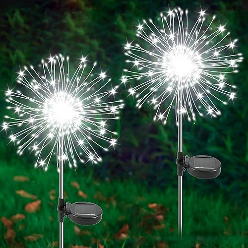 Luces solares de jardín al aire libre, paquete de 2 120 luces LED parpadeantes de fuegos artificiales decorativas con 2 modos, luz solar impermeable