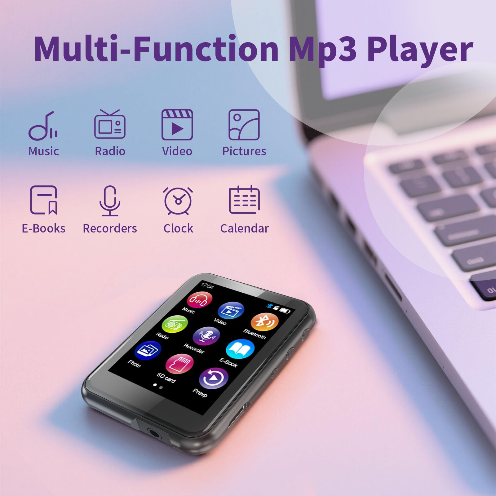 Reproductor MP3 de 64 GB con Bluetooth 5.3, pantalla táctil de 2,4 pulgadas, radio FM, grabación de voz, sonido Hi-Fi, función de libro electrónico, ampliación de memoria de hasta 512 GB