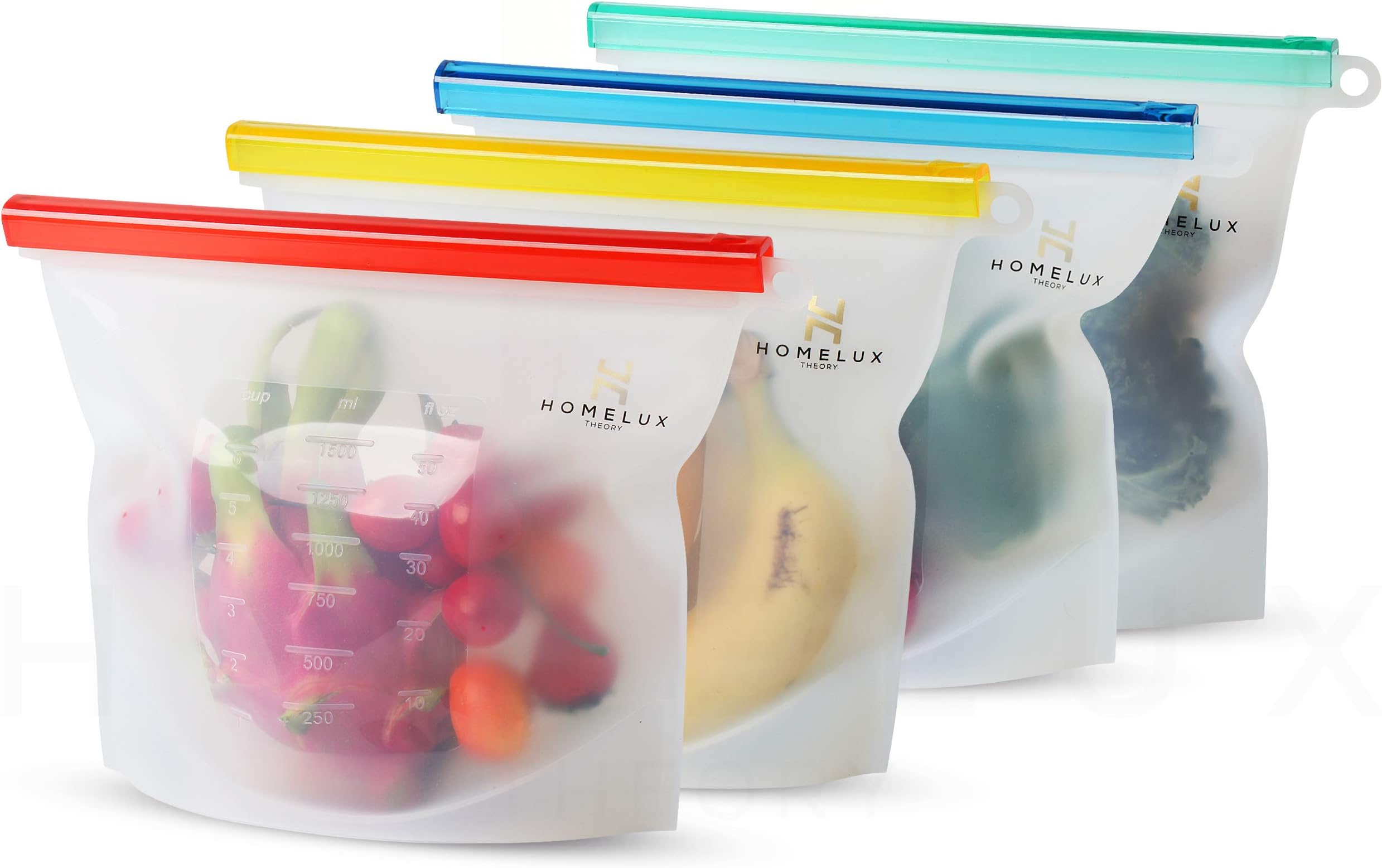 HOMELUX THEORY Reusable Freezer Bags, 4 Pcs Large Reusable Ziploc Bags Silicone Airtight & Leakproof, 100% Food Grade Reusable Silicone Food Storage Bags, Silicone Snack Bags for Travel & Camping (4L)