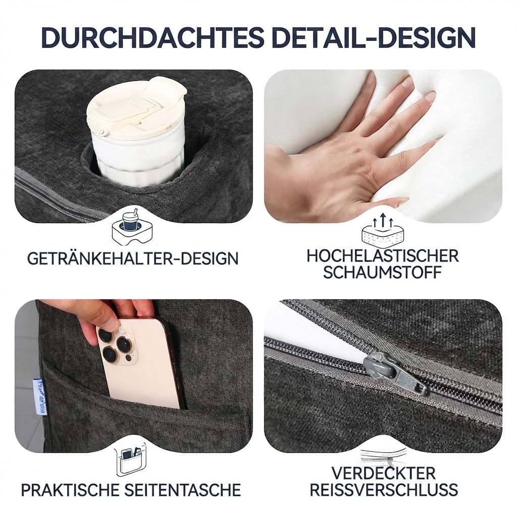Lesekissen mit Armlehnen und Getränkehalter für Bett und Sofa