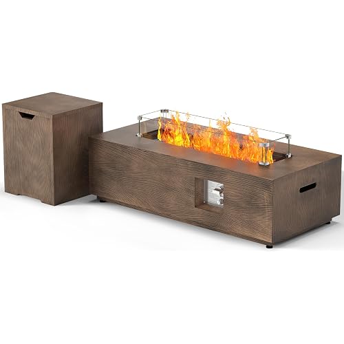 SUNPEAK 42" Rectangular Propane Fire Pit Table 50,000 BTU Fireplace Table with Wind Guard, Lid, Rocks and Cover - Fire Pits & Outdoor Fireplaces - Gas Fire Pits for Outside Patio (Teak Finish, 42")