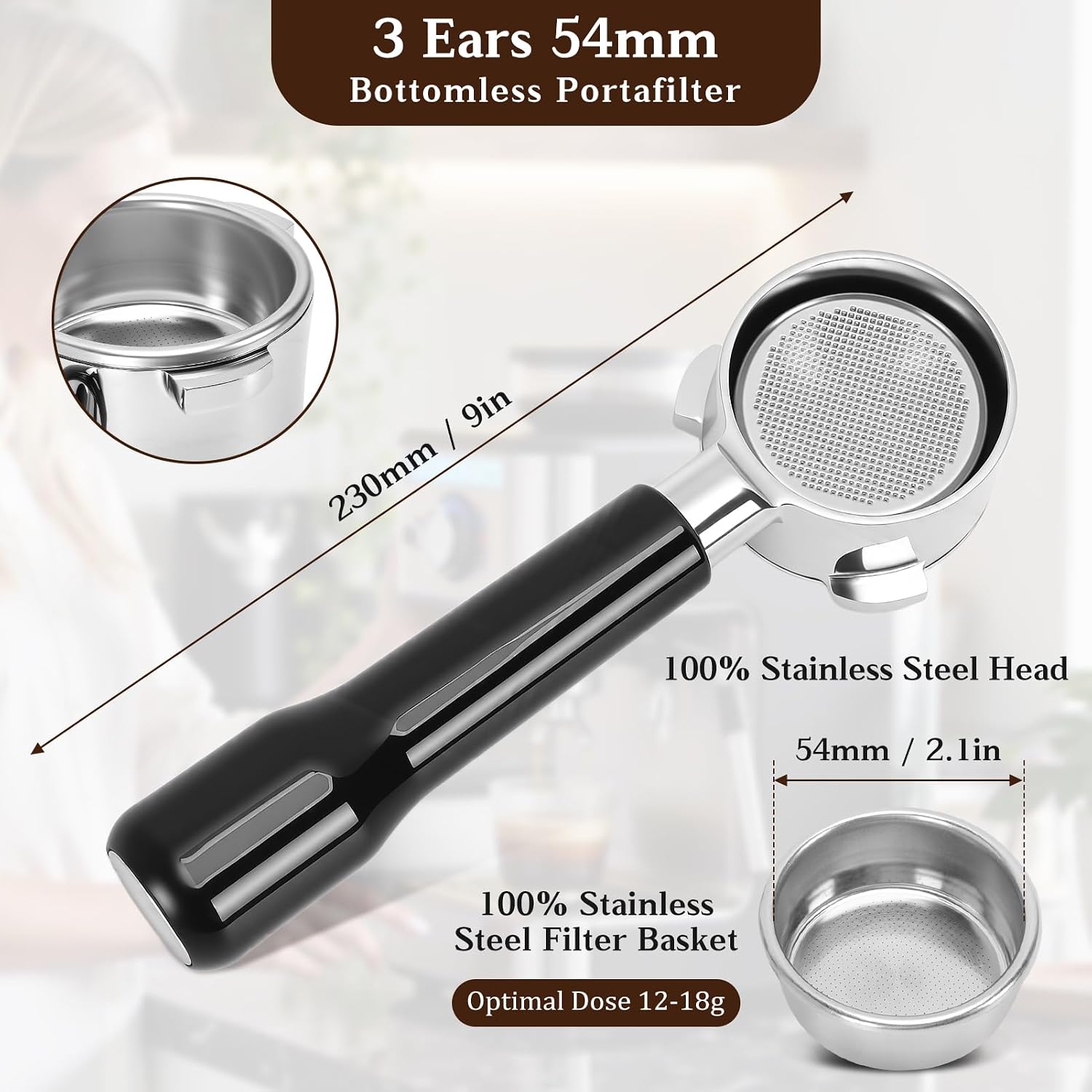 54mm Bottomless Portafilter, 3 Ears with Stainless Steel Filter Basket, 54mm Stainless Steel Portafilter Fit for Breville Barista 870 880 Coffee Machines, Black
