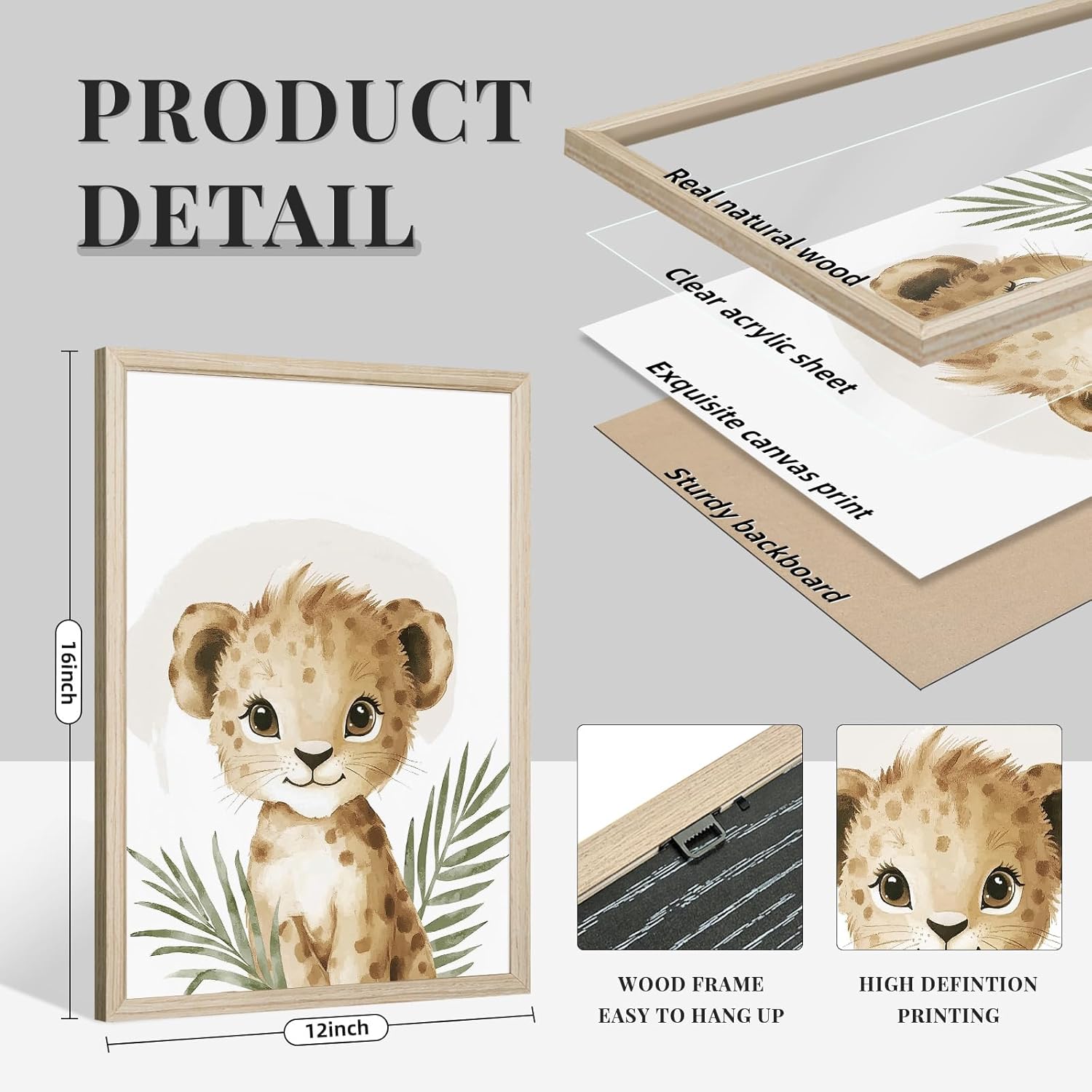 Nursery Animal Wall Art Decor Baby Boy Kids Room Pictures Safari Jungle Nursery Canvas Wall Decor Toddler Woodland Animals Prints Cute Giraffe Poster Artwork for Bedroom 12x16x3 Inch Wood Framed