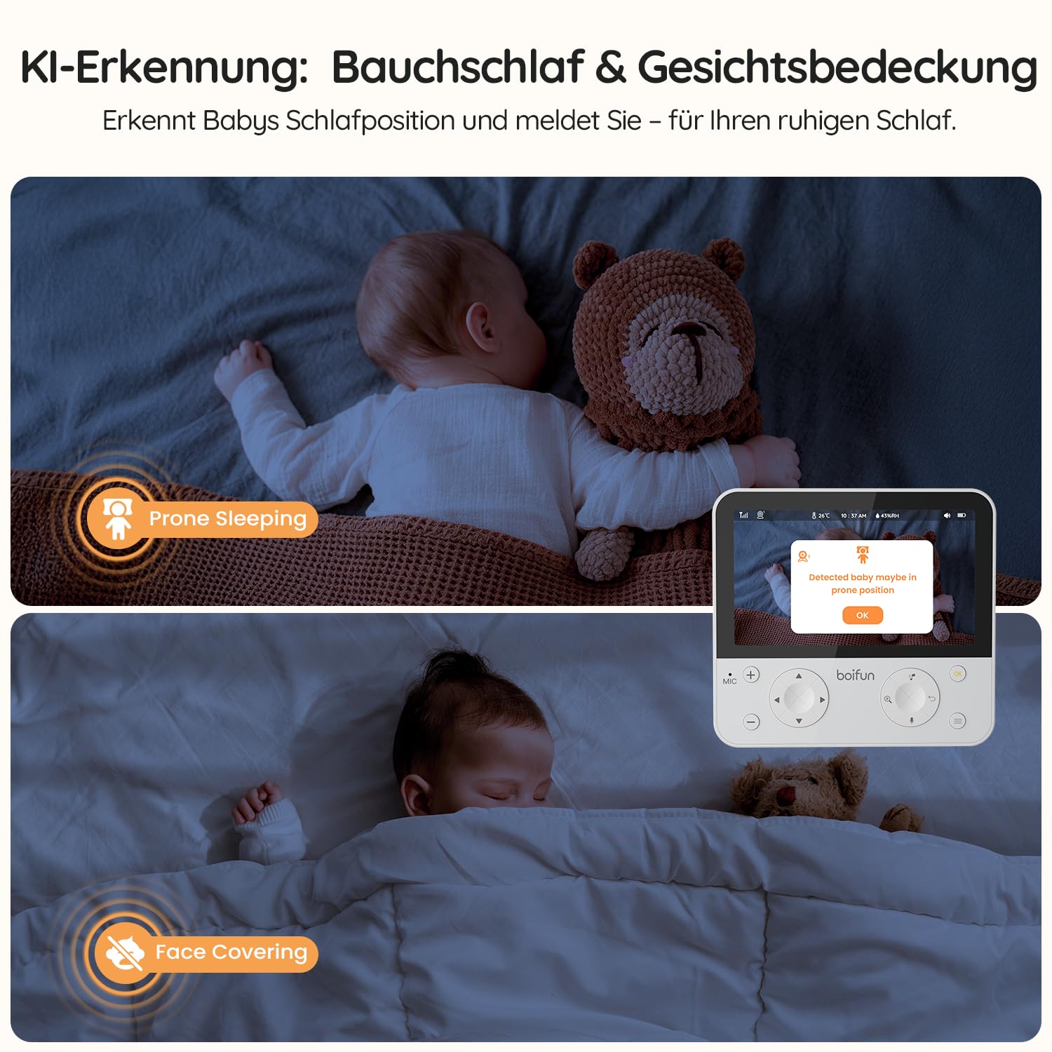 BOIFUN 4MP Babyphone mit 2 Kameras App, Split-Screen-Ansicht, KI/Weinen/Bewegungs/Geräuscherkennung, Intelligente Nachtsicht, Automatische Verfolgung, PTZ 345°/65°, 5.5" Video Babyfon WLAN