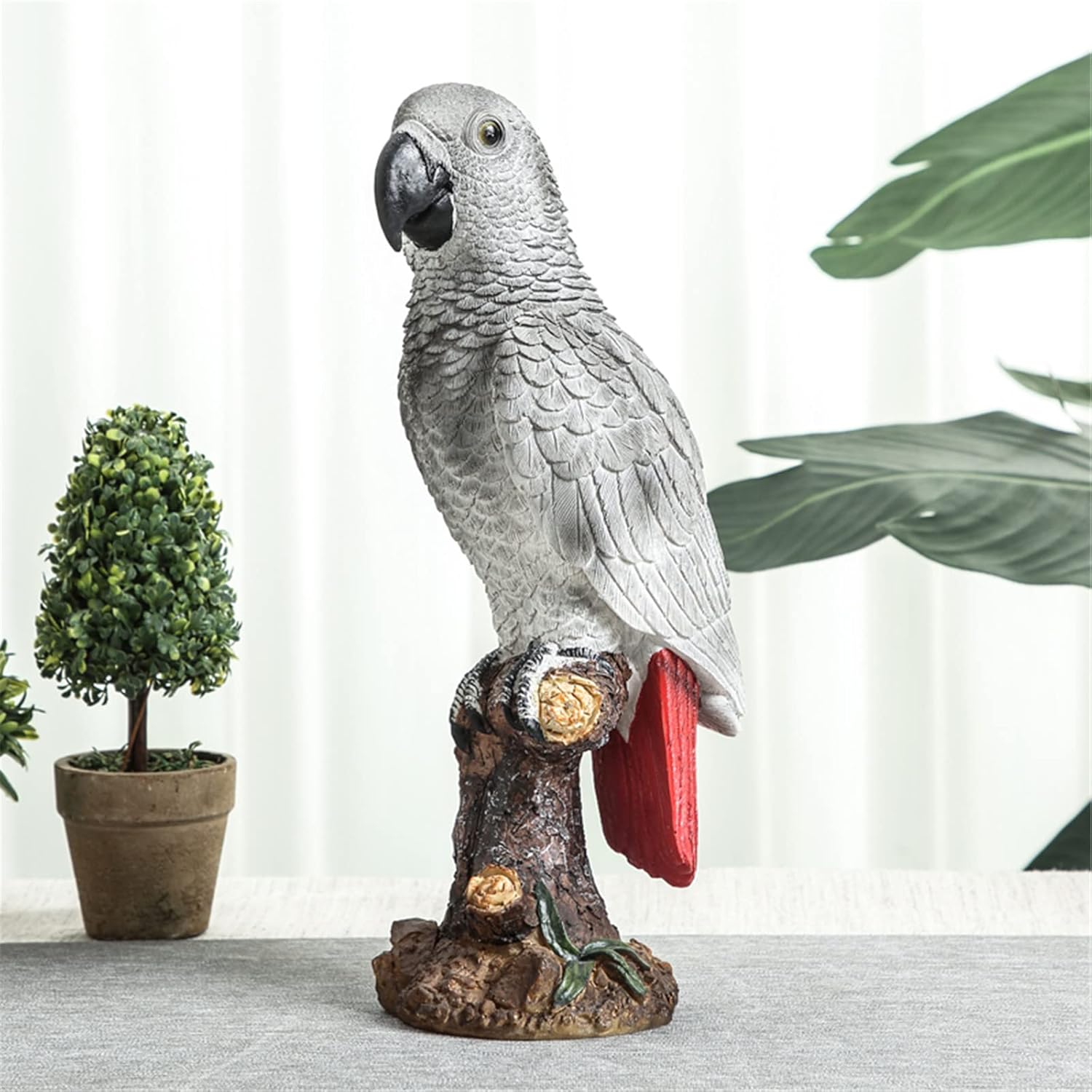 Parrot on Stump Statue Tree Hugger Garden Statues, Resin Figurines Lifelike Tropical Bird Sculptures for Patio Lawn Yard Home Desktop Decoration - Grey