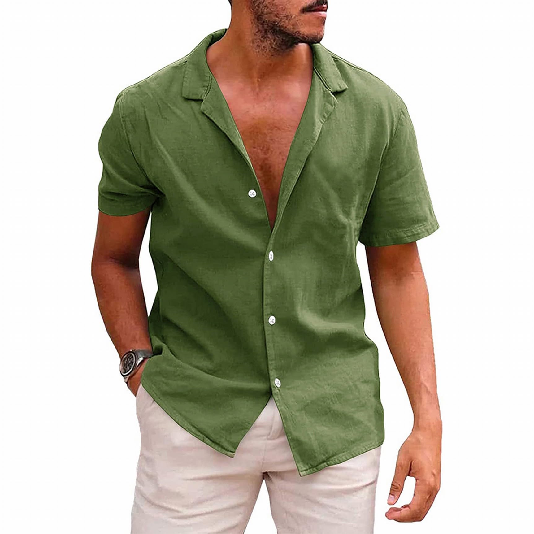 MSIYOW Camisa Lino Manga Corta Hombre Camisa de Verano Casual Shirt con Botones Camiseta Informal Ajuste Regular