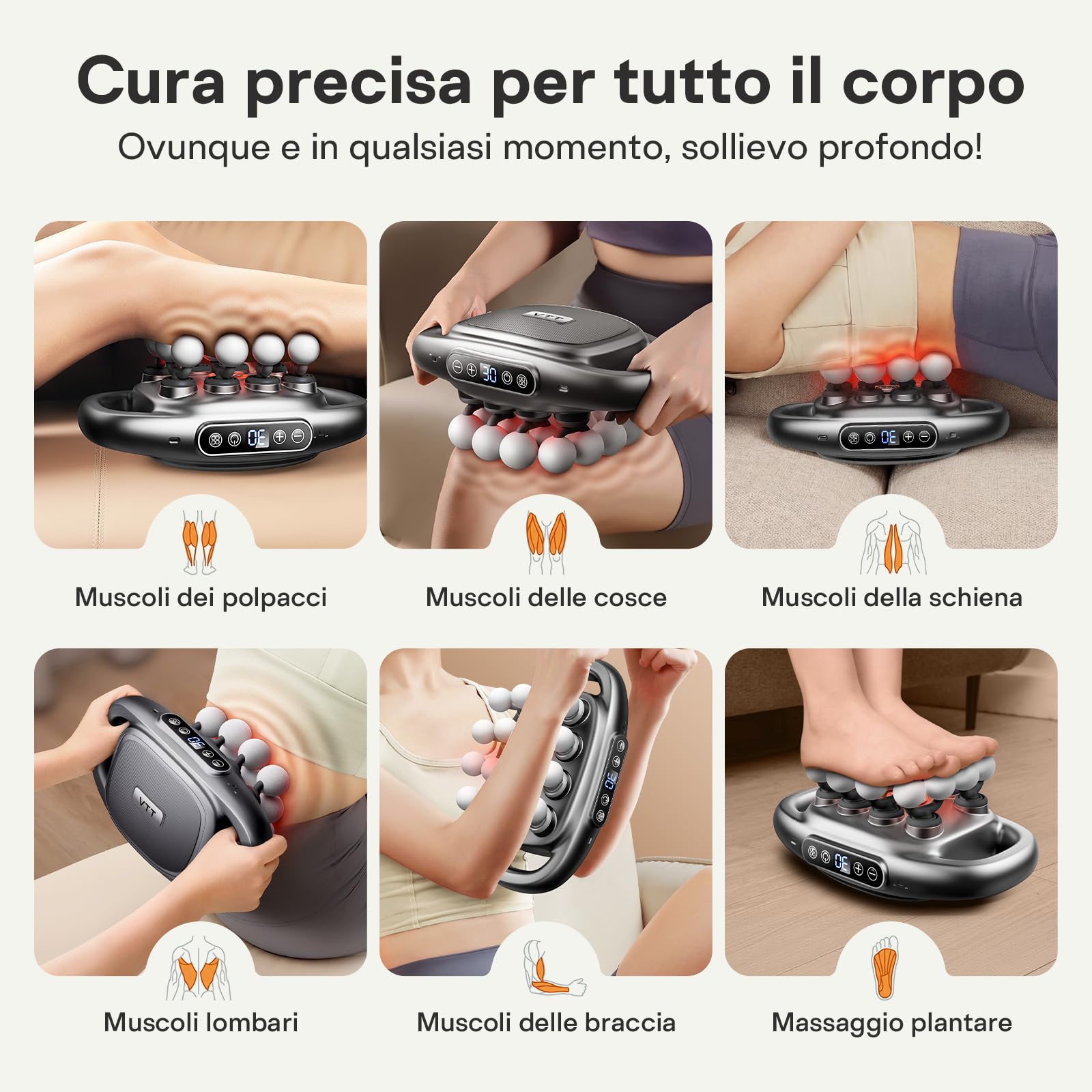 Pistola massaggio muscolare VTT, massaggiatore elettrico silenzioso con 16 testine, 3 modalità e 30 livelli di intensità, ideale per alleviare tensioni e dolori a spalle, schiena e gambe