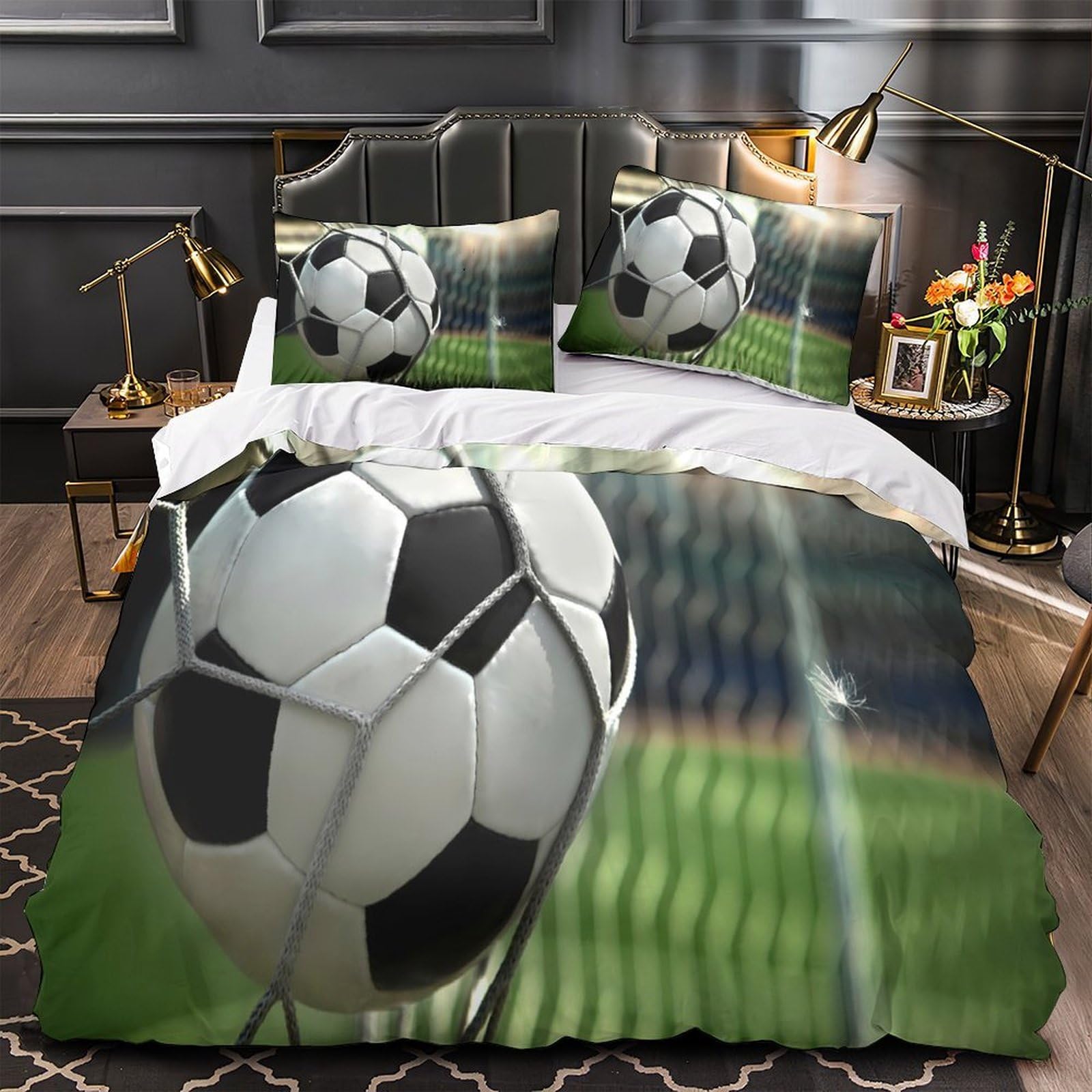 Housse de couette football 3D en microfibre 260x220cm avec 2 taies d'oreiller pour lit Super King