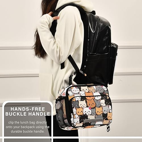 Miniatura 6 de Kcldeci Linda bolsa de almuerzo con diseño de caricaturas de gato con diseño de garabatos, bolsas de almuerzo aisladas, lonchera reutilizable, bolsa