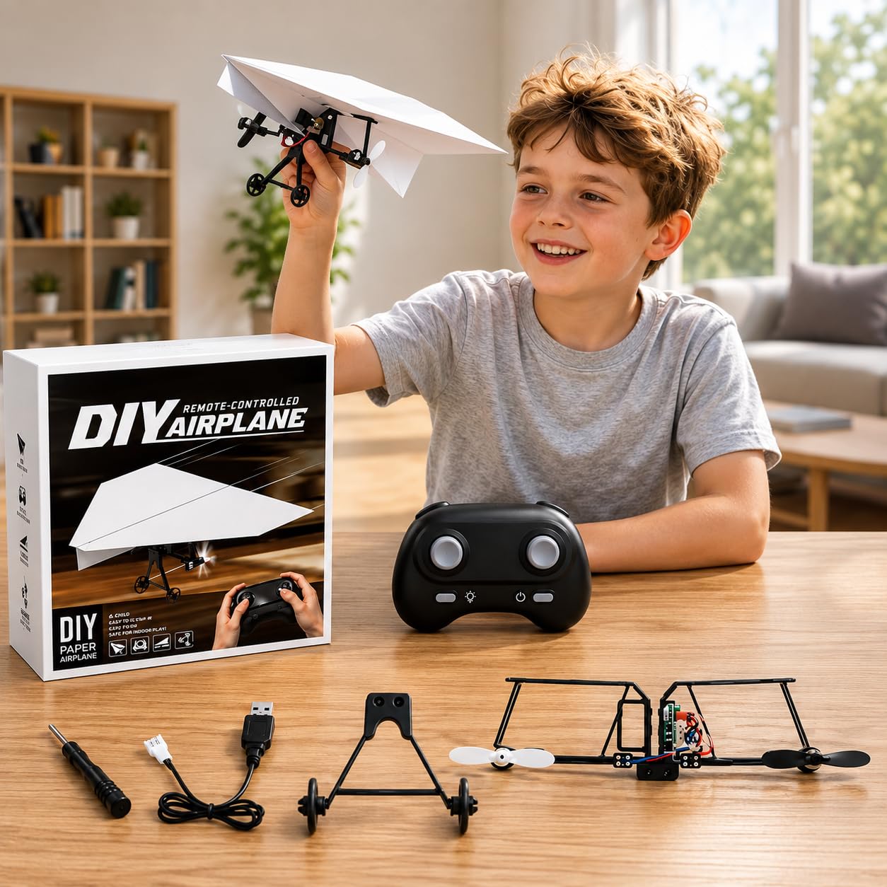 DIY RC Paper Airplane Kit, 2.4GHz Remote Control Electric Plane Conversion Kit with 6-Axis Gyro Stabilizer, USB Rechargeable Flying Toy for Kids, Teens & Adults