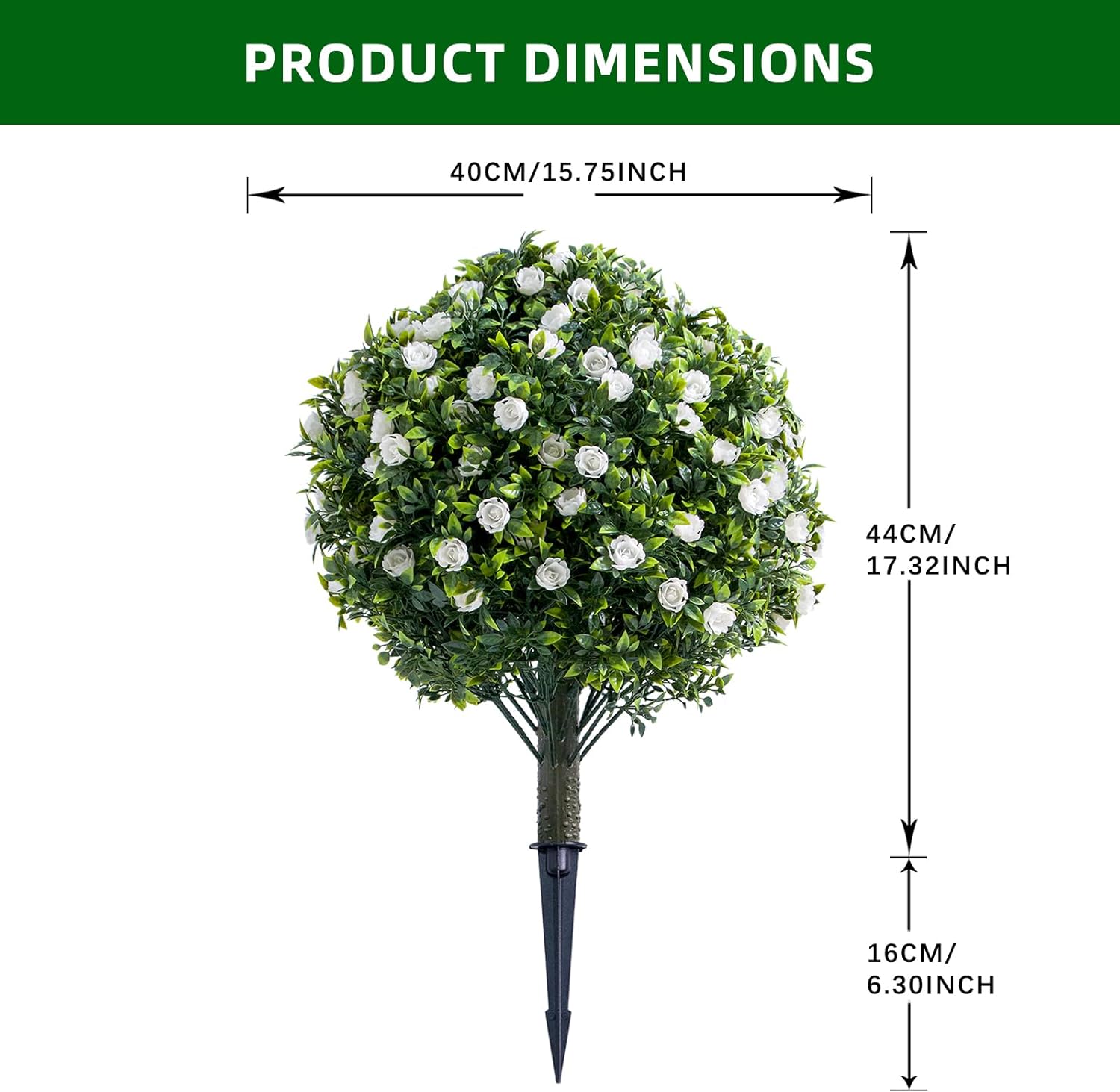 GarveeHome 23.6 in Artificial Topiary Flower with Ground Spike Set of 4,Artificial Topiary Ball Trees with Rose Flowers, PE Fake Plants with Metal Stakes for Indoor and Outdoor Decor,4 Pack,White