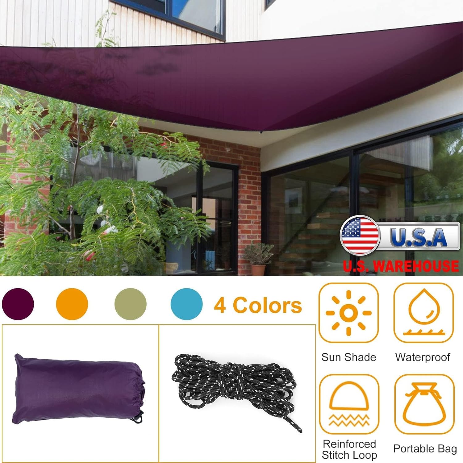 TeqHome Triangle Sun Shade Sail Canopy, Permeable Pergolas Top Cover UV Block Fabric Awning for Patio Backyard Yard Outdoor Garden Lawn Deck (10' x 10' x 10', Purple)