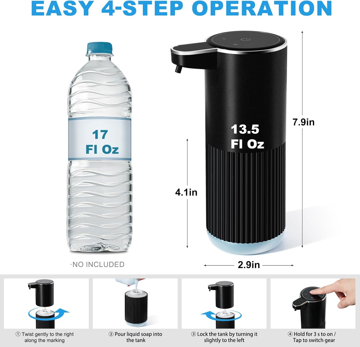 Automatic Soap Dispenser, 2 Pack Black Touchless Liquid Soap Dispenser for Bathroom, 13.5 Fl Oz Plastic Electric Auto Dish Soap Dispensers Wall Mount for Kithcen with Adjustable Volume - Image 2