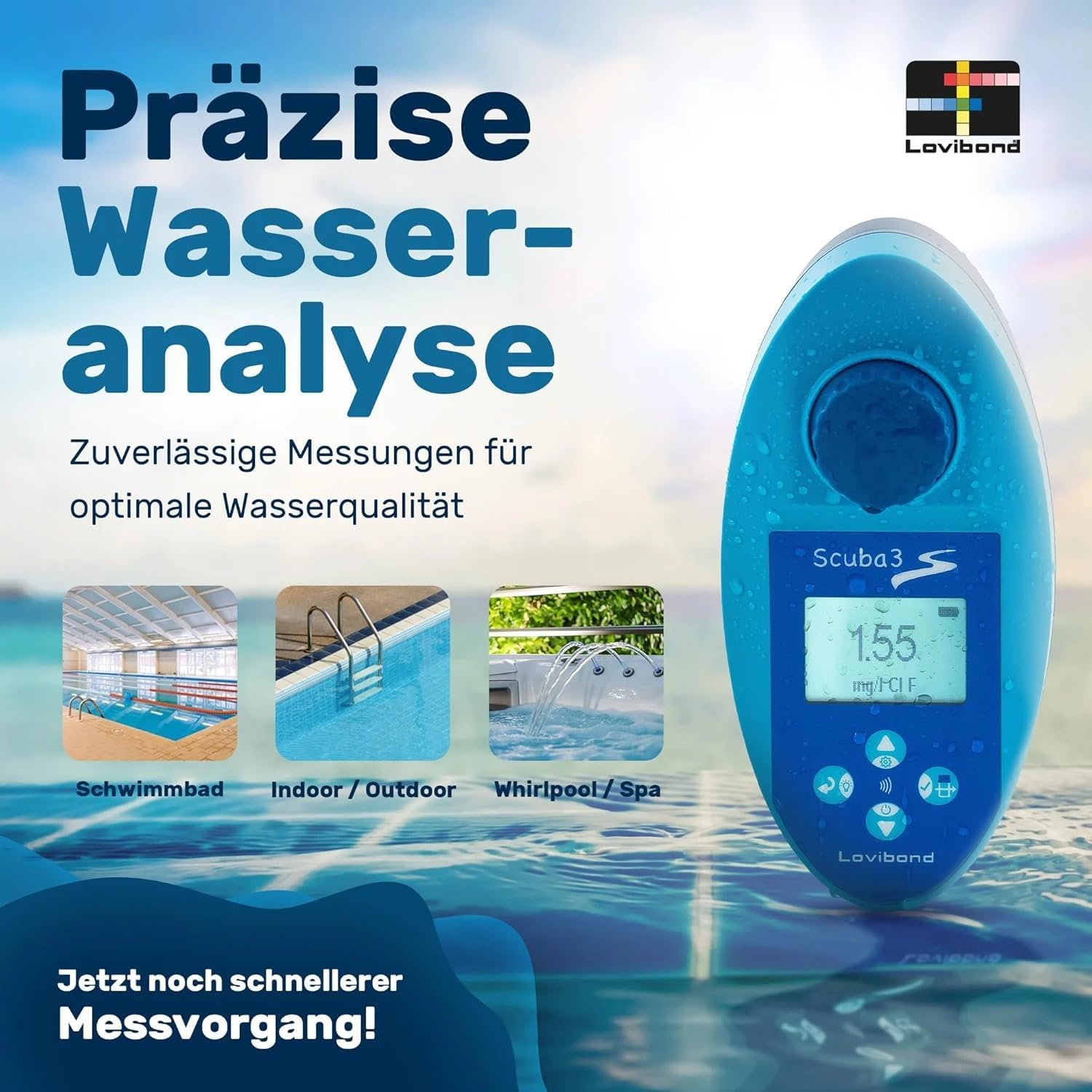 Lovibond Scuba II - elektronischer Pooltester - Messen von freiem Chlor CL ? Chlor insgesamt ? pH Wert ? Cyanursäure - Alkaliät - Brom - im Schnelltestverfahren | Freies Chlor, Gesamtchlor, pH-Wert, Cyanursäure, Alkalinität und Brom