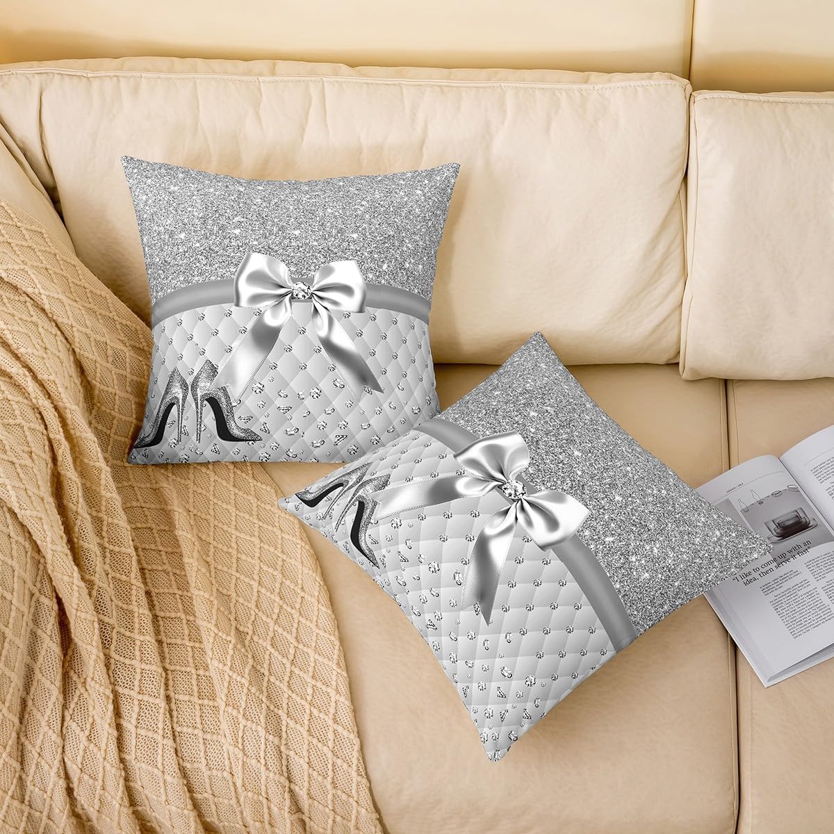 Feelyou Glitter (No Glitter No Sequin) Diamond Reversible Throw Pillow Covers Pastel Grey Square Cushion Covers Set of 1 for Kids High Heels Pillow Covers Home Decor Dreamy 24 x 24-Inch