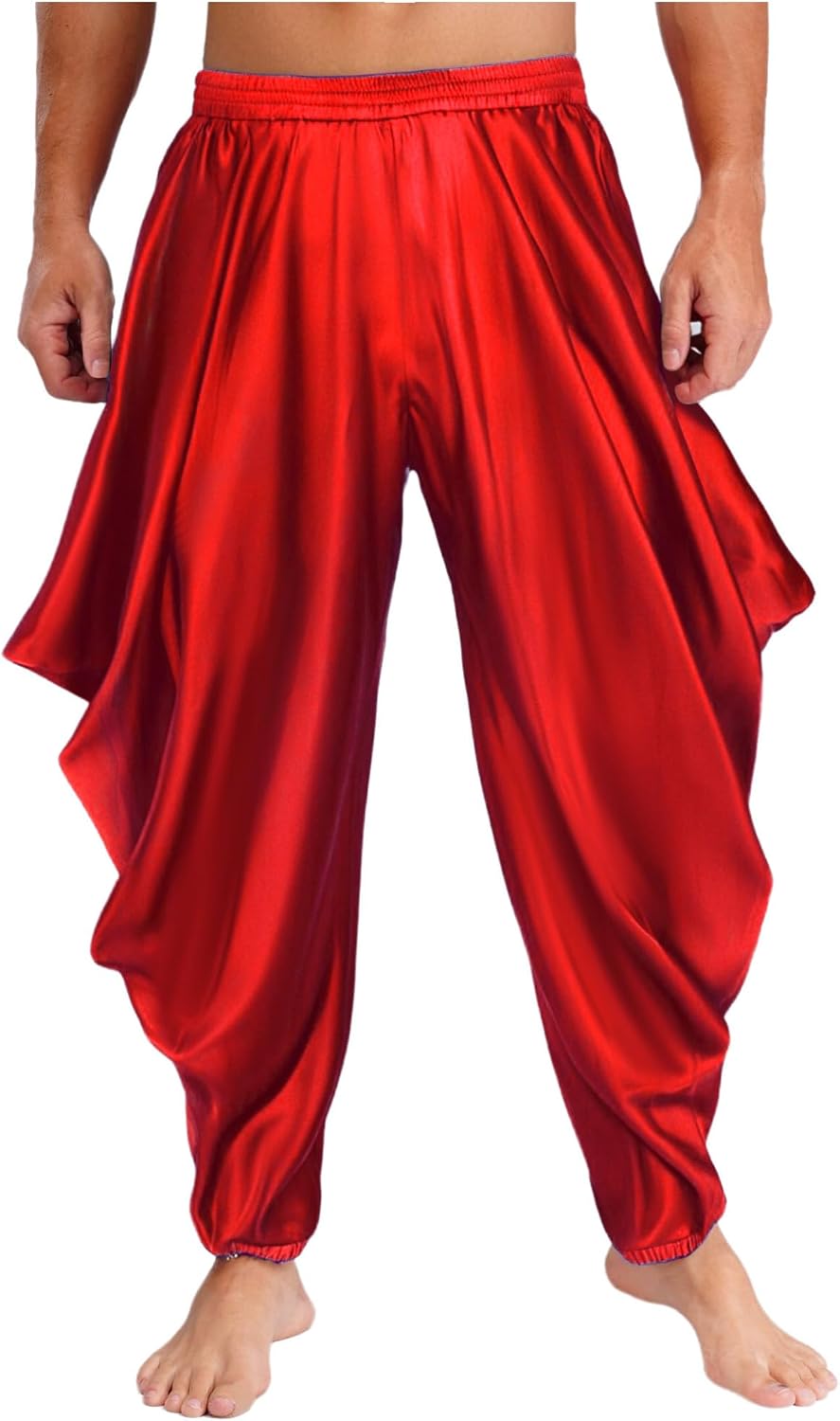 Agoky Men's Glossy Satin Loose Fit Harem Pants Elastic Waist Casual Trousers Hippie Cosplay Costume