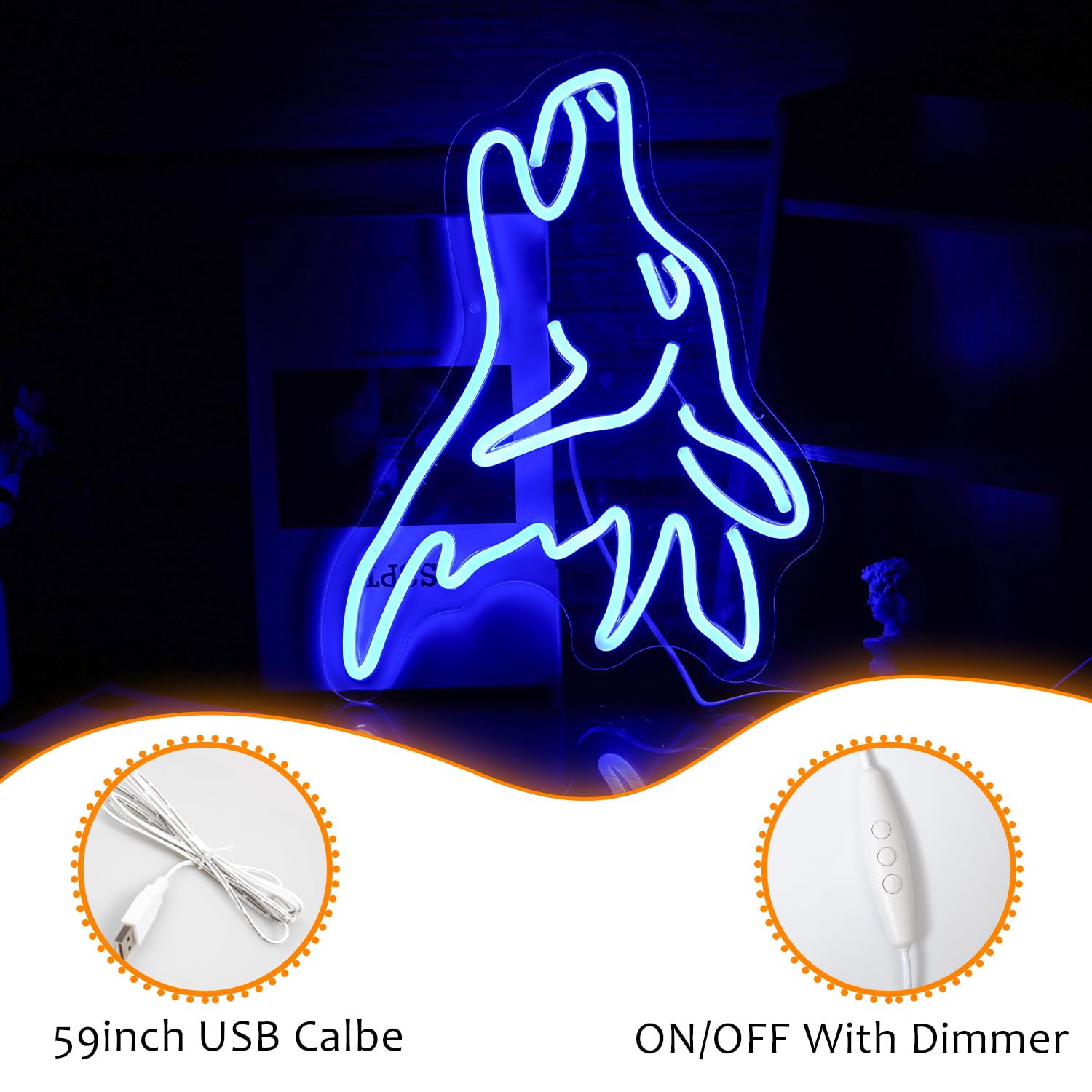 LISIGNVE Letrero de neón de lobo azul LED lindo lobo luces de neón para decoración de pared regulable USB dormitorio luces para habitación de niños decoración del hogar regalos de fiesta de cumpleaños